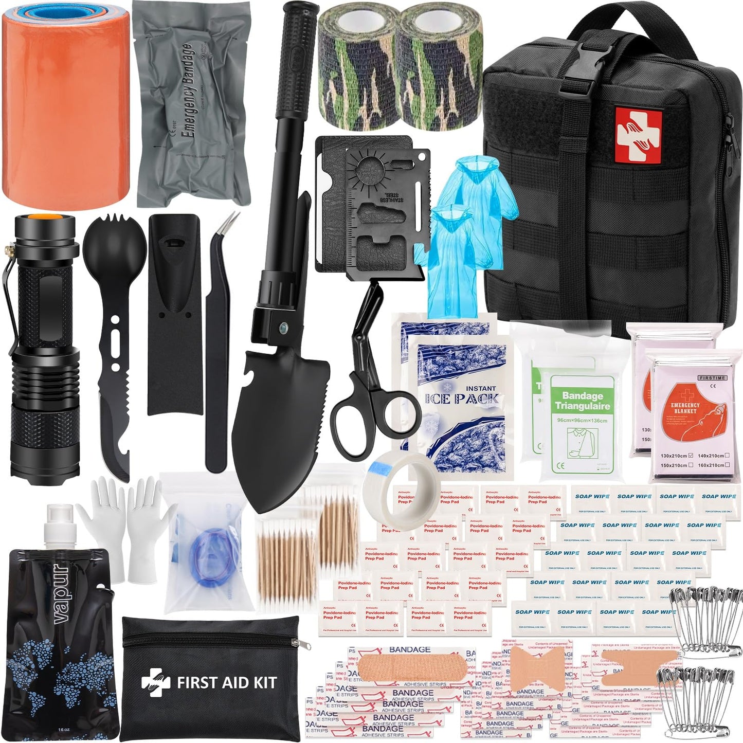 GPUSFAK 145 Pieces Emergency Survival Camping Kit, Molle First Aid Kit with Splint for Trauma Wound Care Blow Out for Outdoor Tornado Preparedness Kit, Black