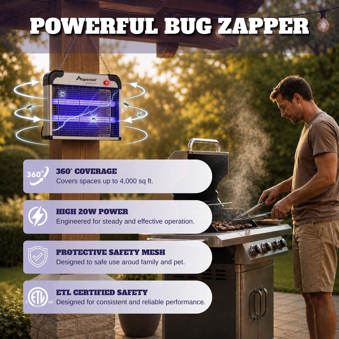 ASPECTEK Electric Bug Zapper, 20W UV Bulbs with 2800V Grid for Fly, Mosquito, Gnat and Moth Control, Indoor and Covered Outdoor Use for Home, Garage, Patio and Farm, Includes 2 Replacement Bulbs