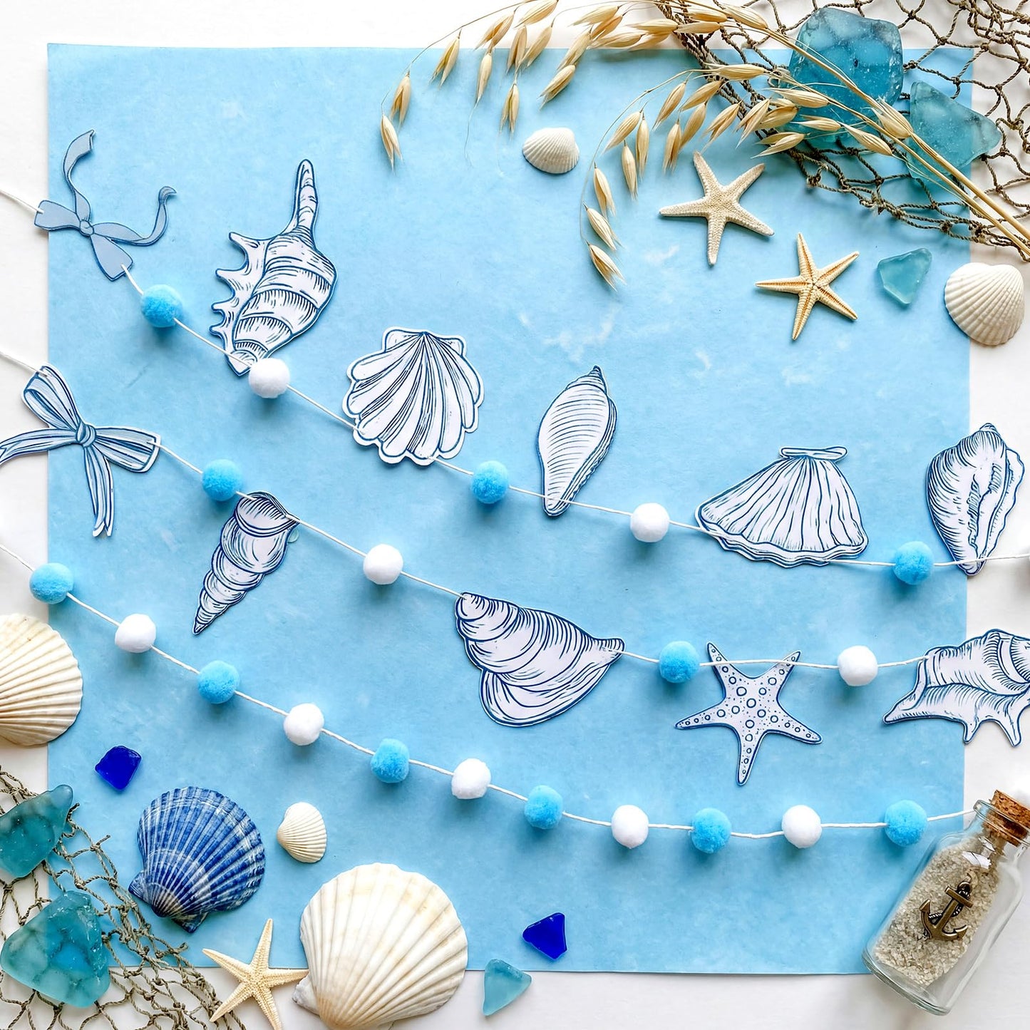 Frienda 3 Pcs Seashell Blue and White Felt Ball Garland Pom Pom Banner Carnival Themed Felt Ball Decoration for Backdrop Birthday Luau Mexican Tropical Party Christmas Decoration