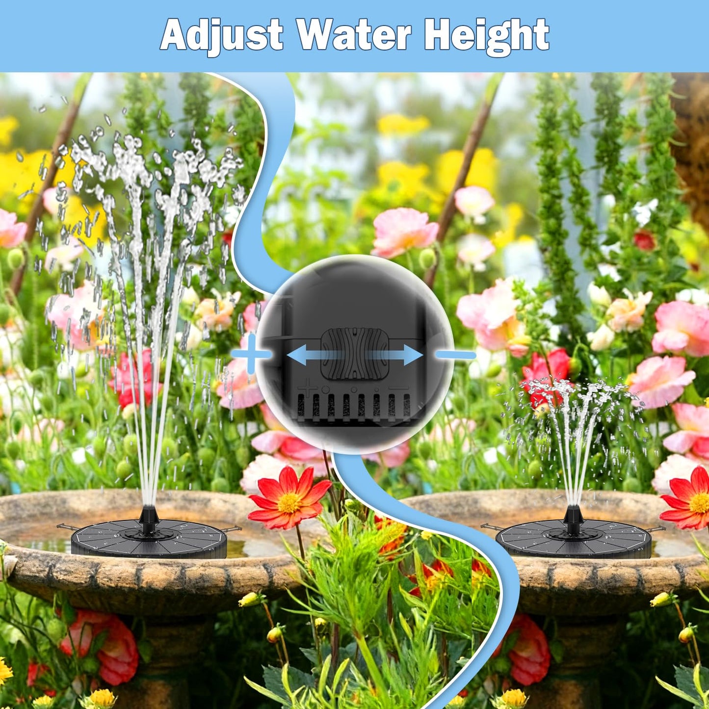 Yzert Solar Fountain with 2000mah Battery, 3-Level Adjustable Water Height, Rotating Rods, Works in Shadow, 7 Nozzles, 2026 3.5W Glass Outdoor Fountain Pump for Bird Bath, Garden, Pond, Flower Pot