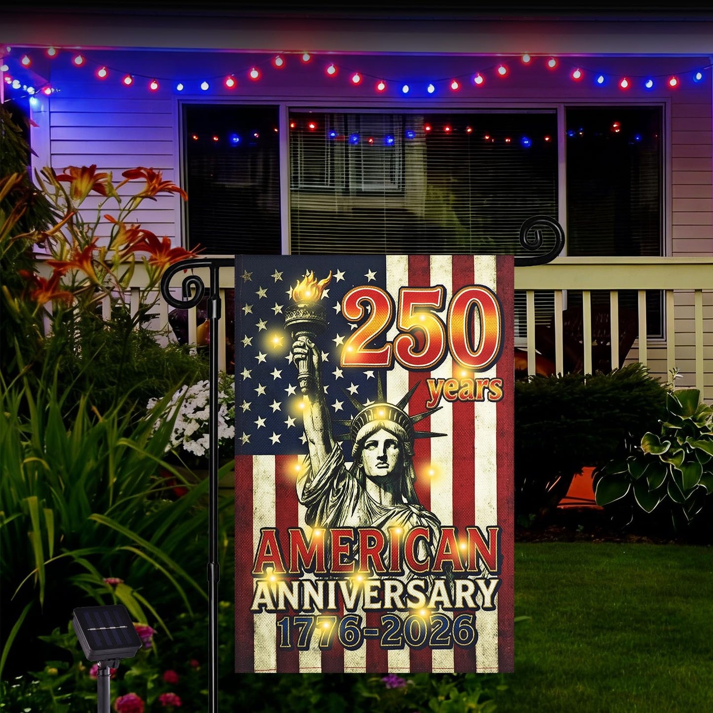 FLAGMESAGE Lighted 250th Anniversary USA Garden Flag for Outside, Solar Led Double-sided Patriotic Banner with 1776-2026 250 Years of American Freedom Design for Independence Day, July 4th Decor (LED Statue of Liberty, 12 x 18 Inch)