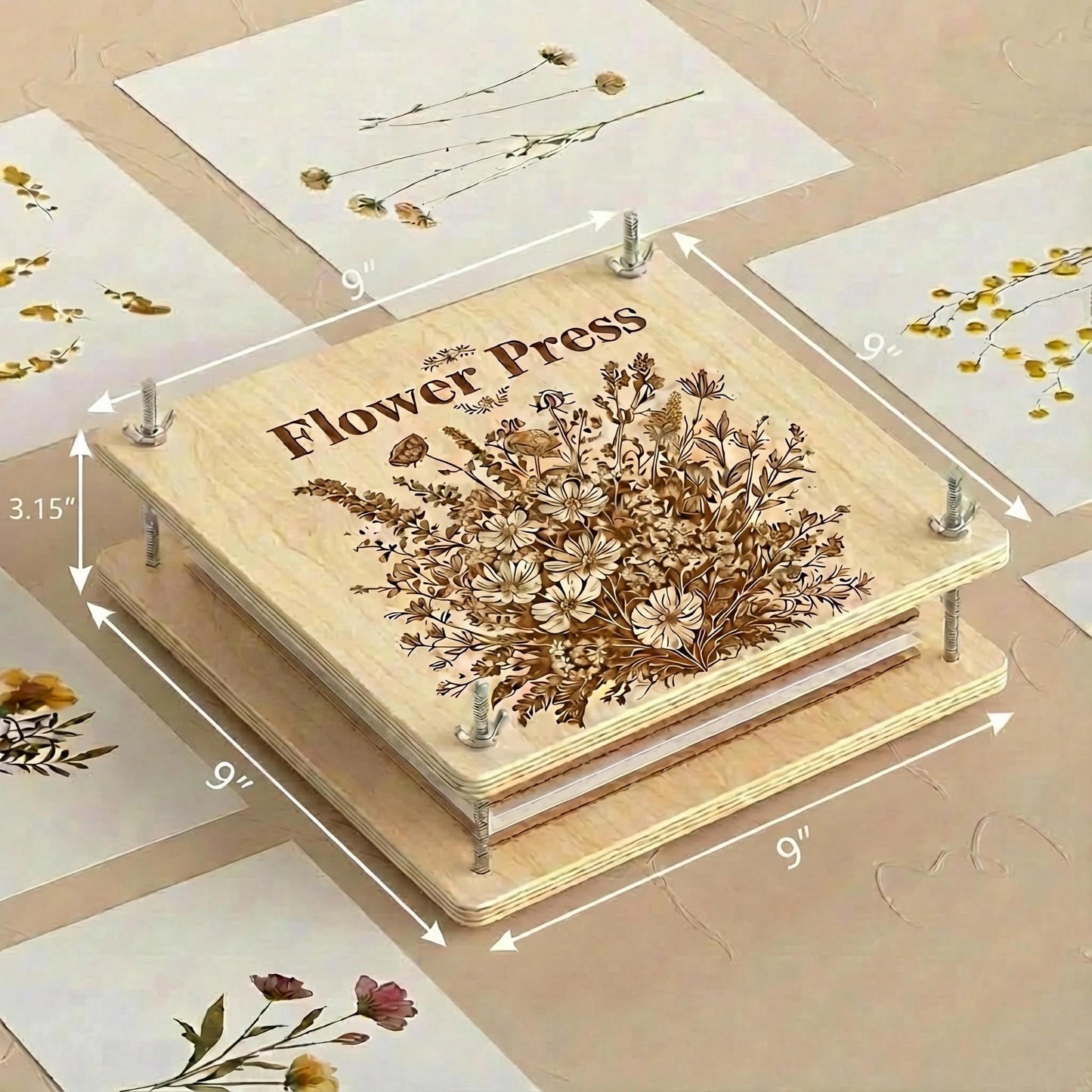 Kaokane Flower Press Kit, 9x9 Wooden Flower Pressing kit with 4 Reusable Drying Plates & 4 Blotting Papers, Dried Flowers Art for Wedding, Pressed Flower kit Herbarium Press Botanical Press kit