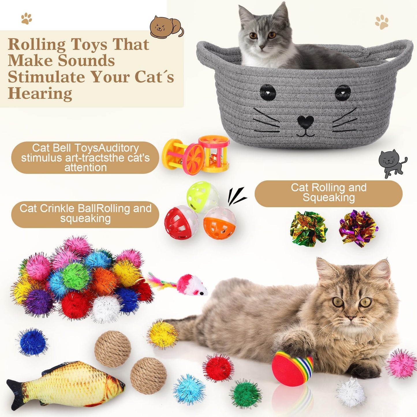 Zopeal 58 Pcs Mother’s Day Cat Storage Basket Gift Toys Set, Colorful Flashing Balls Pet Bell Crinkle Balls Spring Toys Attract Cat to Swat, Hunt, Interactive for Pet(Grey,9.8 Inch)