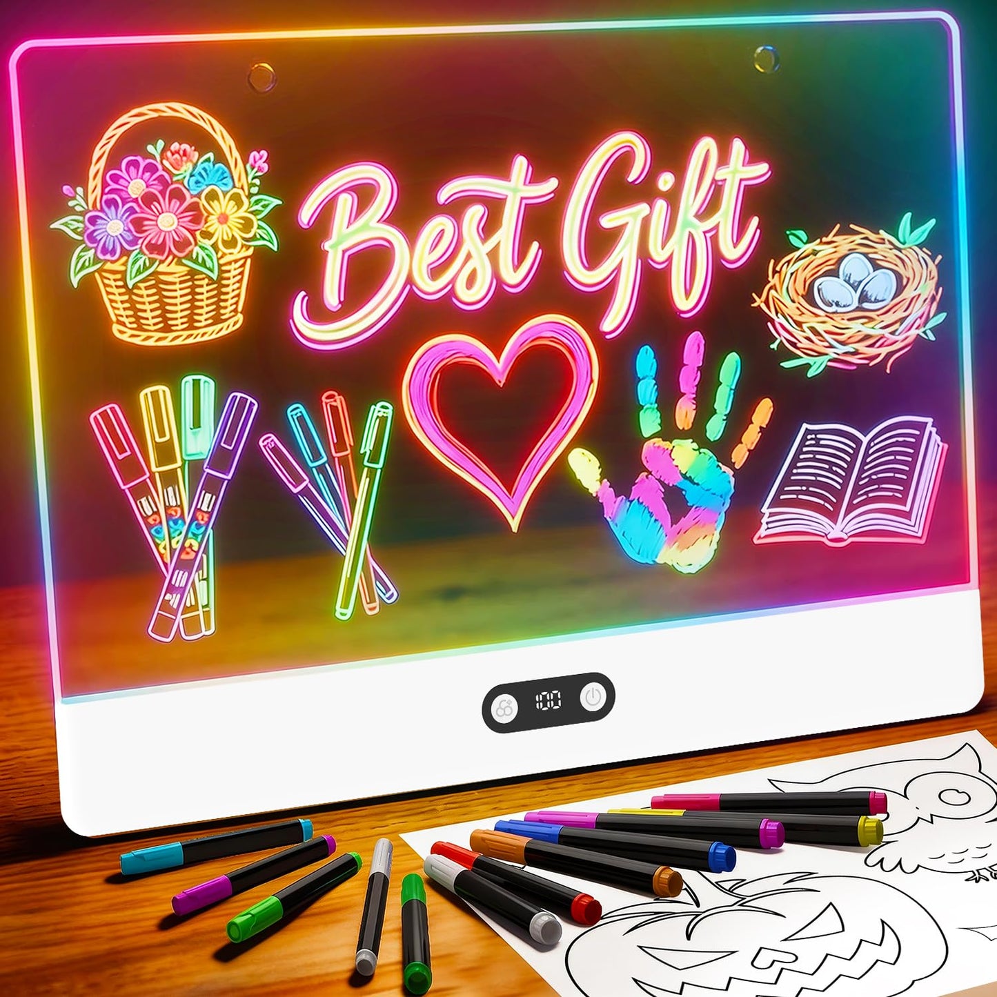LEACUBER Rechargeable LED Drawing Board for Kids, 16" Light Up Acrylic Dry Erase Led Note Board with Stand, 11 Light Effects Drawing Tablet, Birthday Holiday Toy Gifts for Kids, 12 Markers (White)