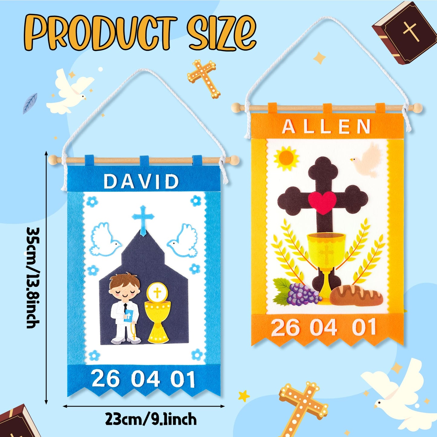 WATINC First Communion Banner Kit - 2 Pack DIY 1st Holy Communion Felt Banner Craft Decoration for Boys, Make Your Own Blue Baptism Christian Cross Hanging Decor for Sunday School (Baptism Ceremony)