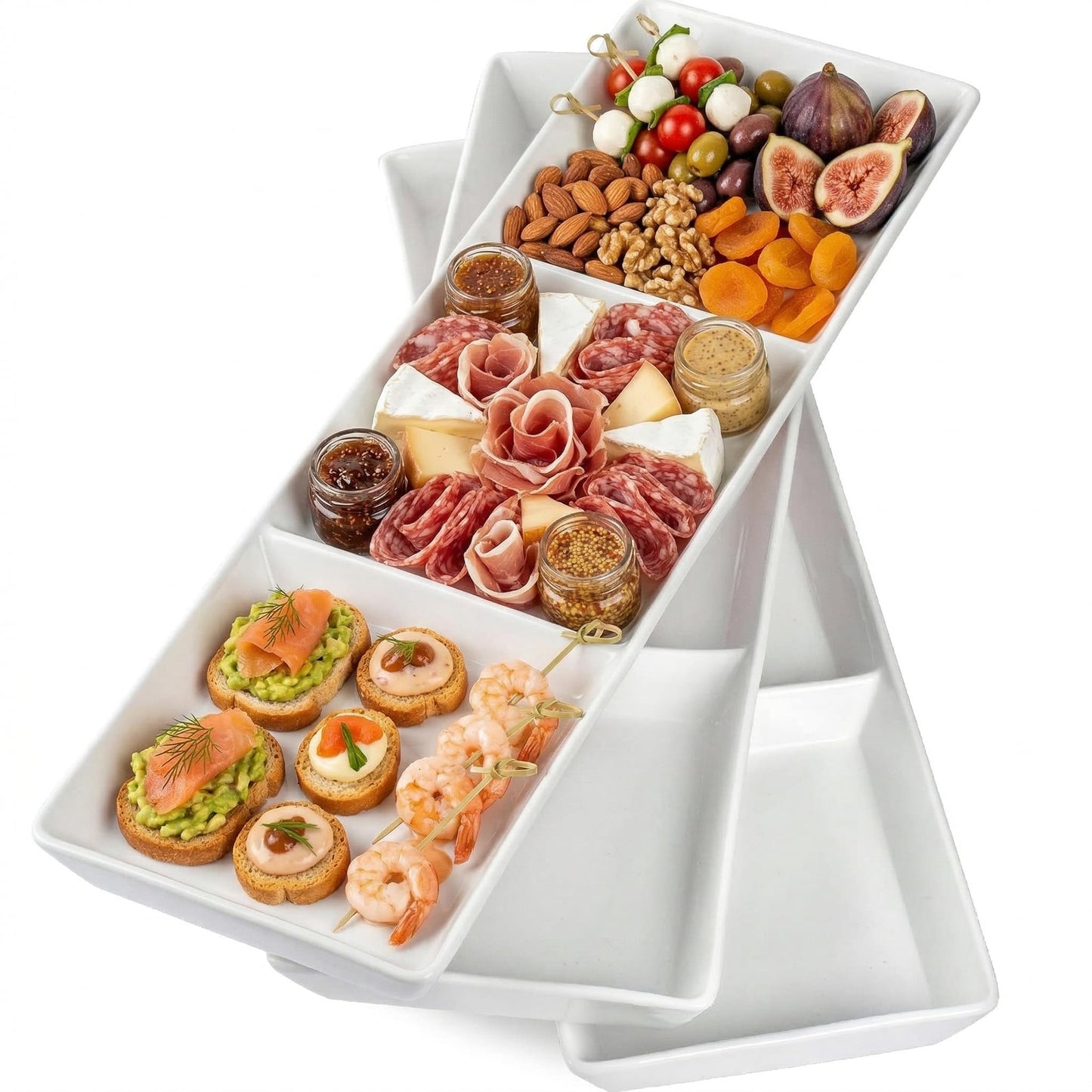 DELLING 16x5 Inch Ceramic 3-Section Serving Tray Set of 3, Stackable Divided Serving Platter - White Porcelain Appetizer Tray for Snack Food Dessert, Dishwasher Safe