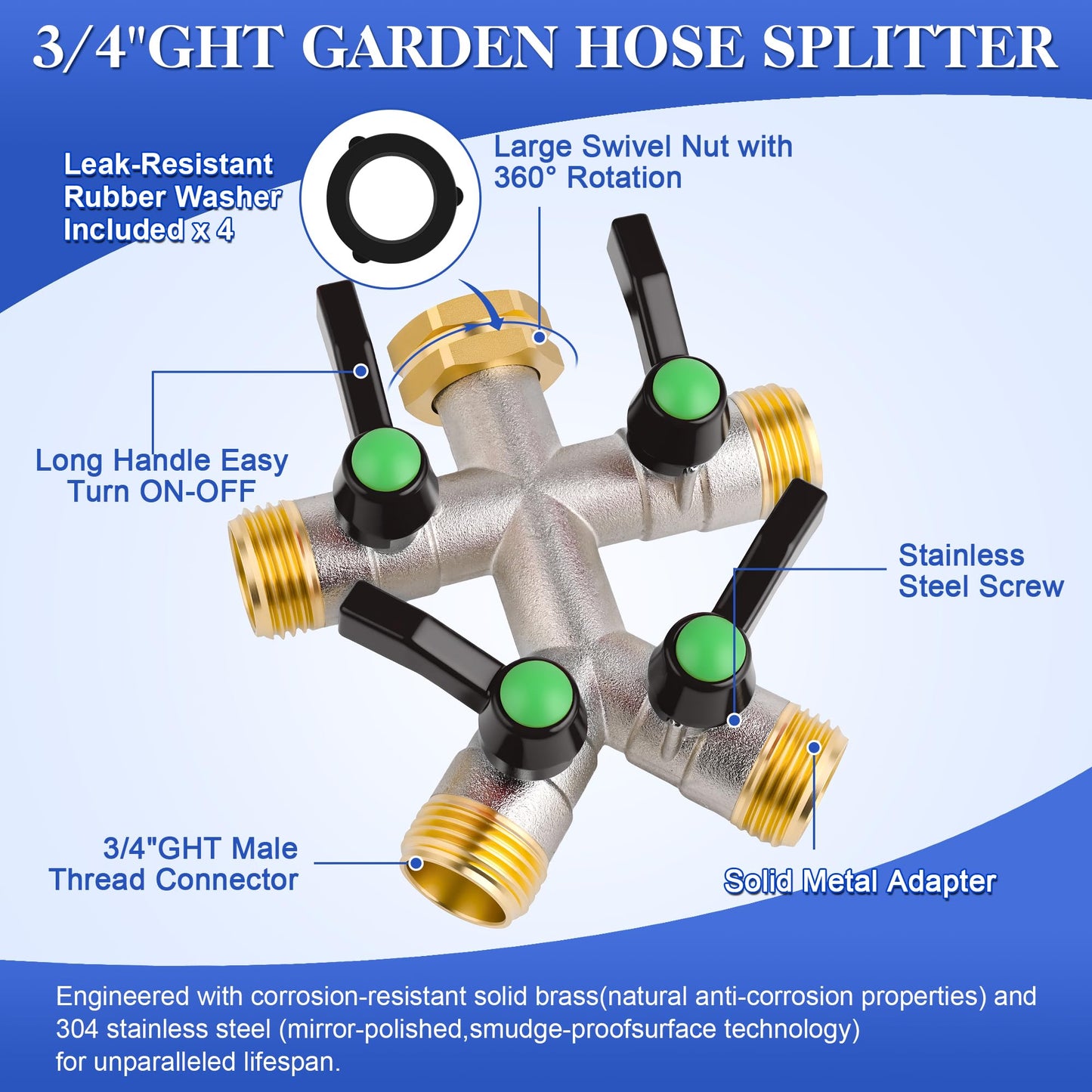 EJW Hose Splitter 4 Way, Garden Hose Splitters, 4 Way Faucet Splitter, Water Spigot Splitter, RV Brass Hose Splitter,Heavy Duty Garden Hose Splitter, Hose Valve 3/4 Inch GHT Thread.