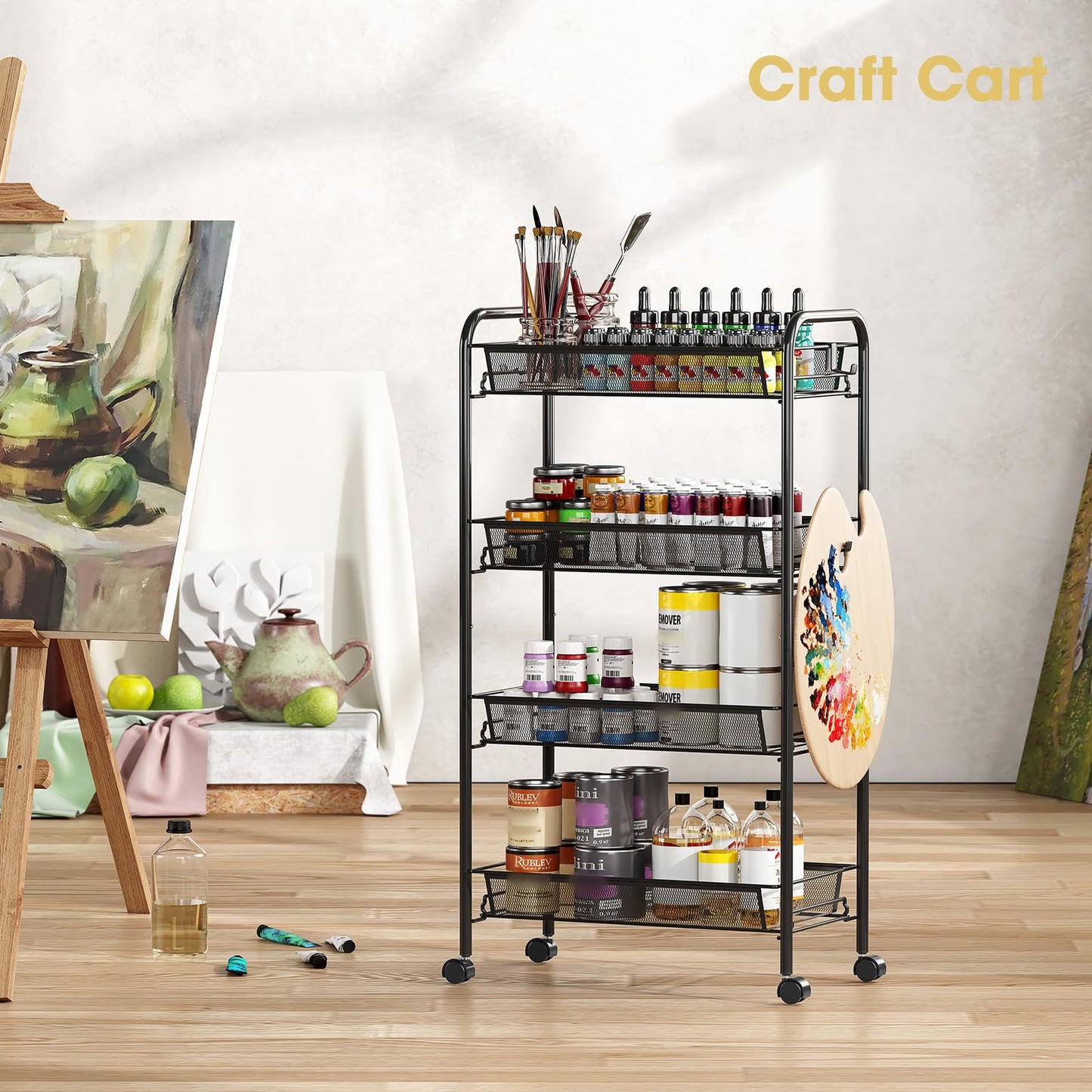 TOOLF 4-Tier Rolling Cart, Metal Utility Cart with 3 Hooks, Easy Assemble Mobile Storage Trolley On Wheels, Metal Shelving Units Kitchen Bathroom Laundry Room