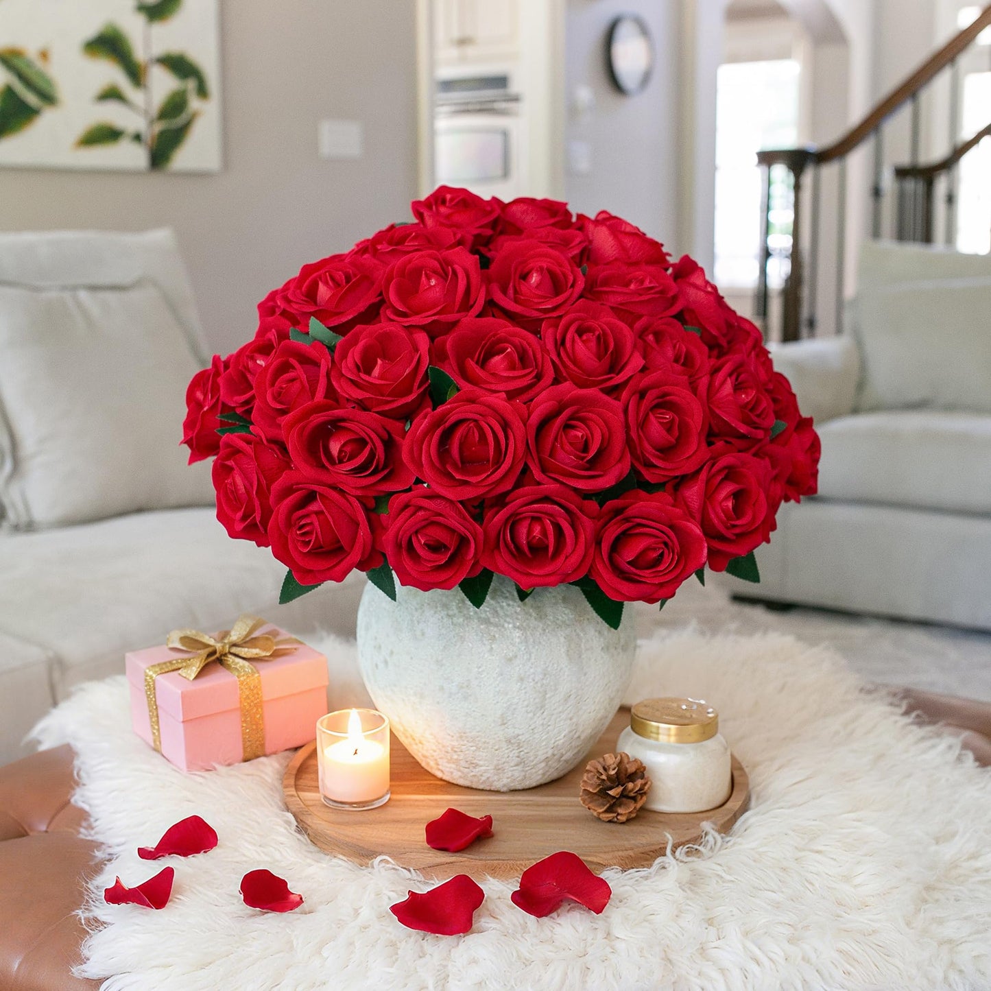 HyeFlora 50 PCS Red Roses Artificial Flowers, Fake Roses with Stems Realistic Silk Roses for DIY Wedding Bouquets Tables Centerpieces Arrangements Party Baby Shower Birthday Home Decor Gift for Her