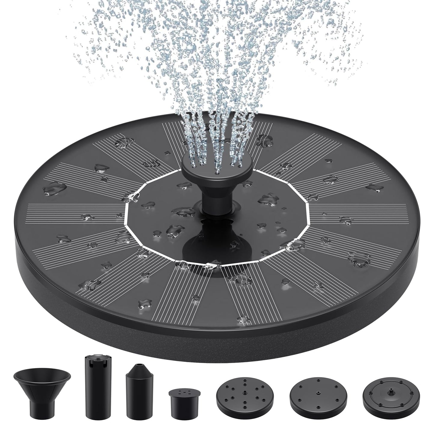 Priksia Solar Water Fountains,Solar Powered Bird Bath Fountain with 6 Nozzles - Free Standing Floating Solar Fountains for Bird Bath, Garden, Pond, Pool (Black-1.4W)