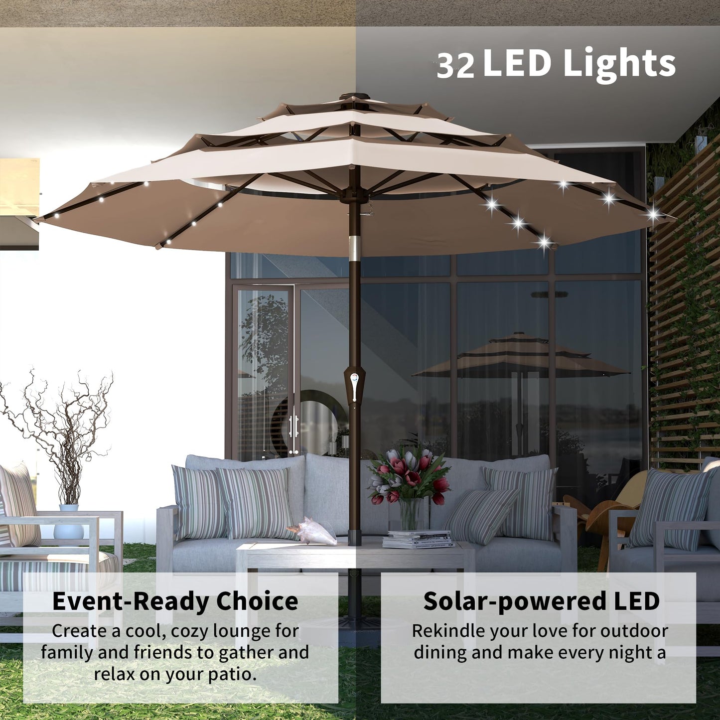 Kingdura 9ft 3-Tier Patio Umbrella with Solar Lights, Table Umbrella Outdoor Patio with Easy Crank & Tilt, 8 Sturdy Ribs, UV Protection, 32 LED Lights for Deck, Poolside, Market (Beige)