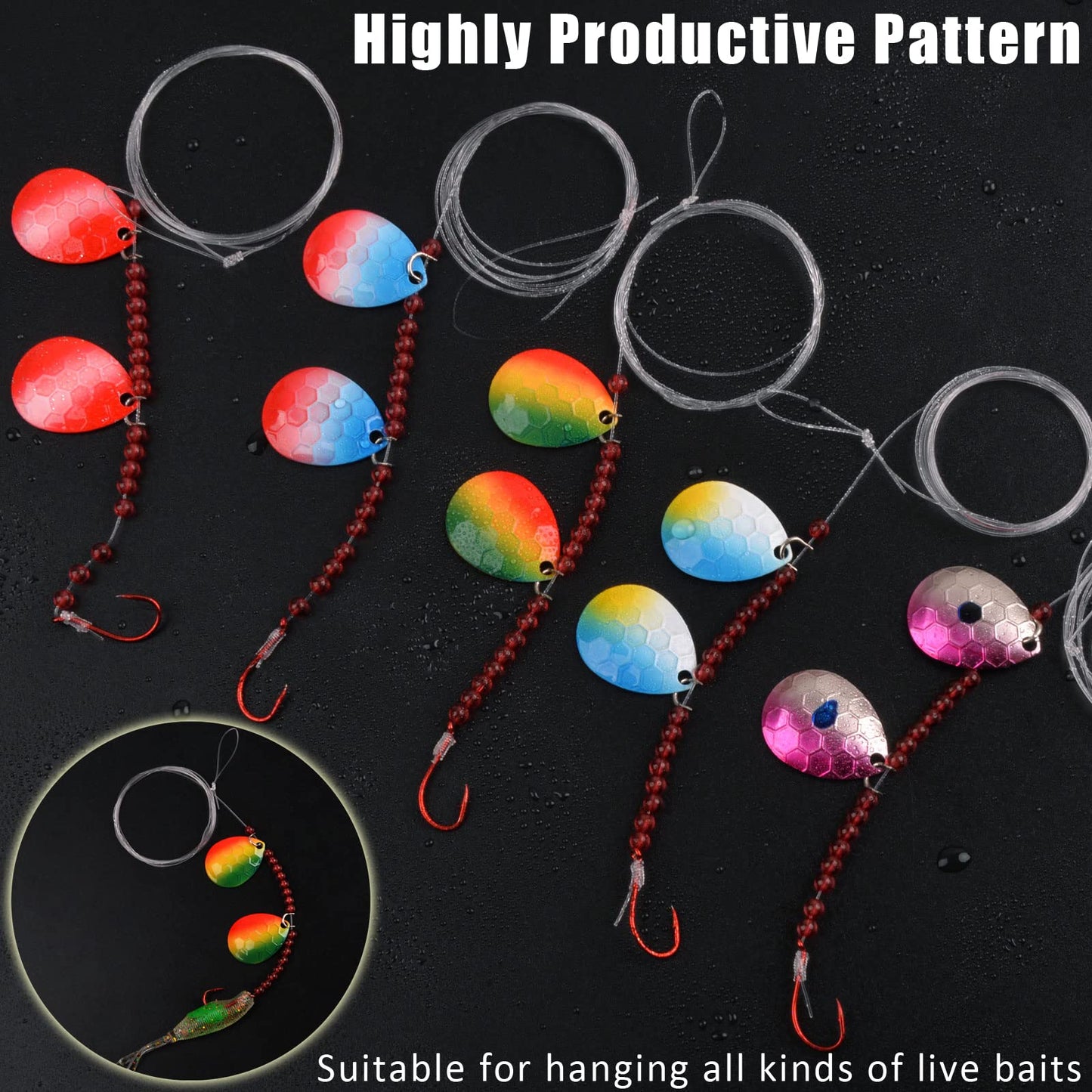 JSHANMEI 10 Pack Walleye Spinner Rig Kit - Crawler Harness Live Bait Rigs with Colorado Spinner Blades, Octopus Hooks - Fishing Lure Making Kit for Walleye, Trout, Bass, Muskie