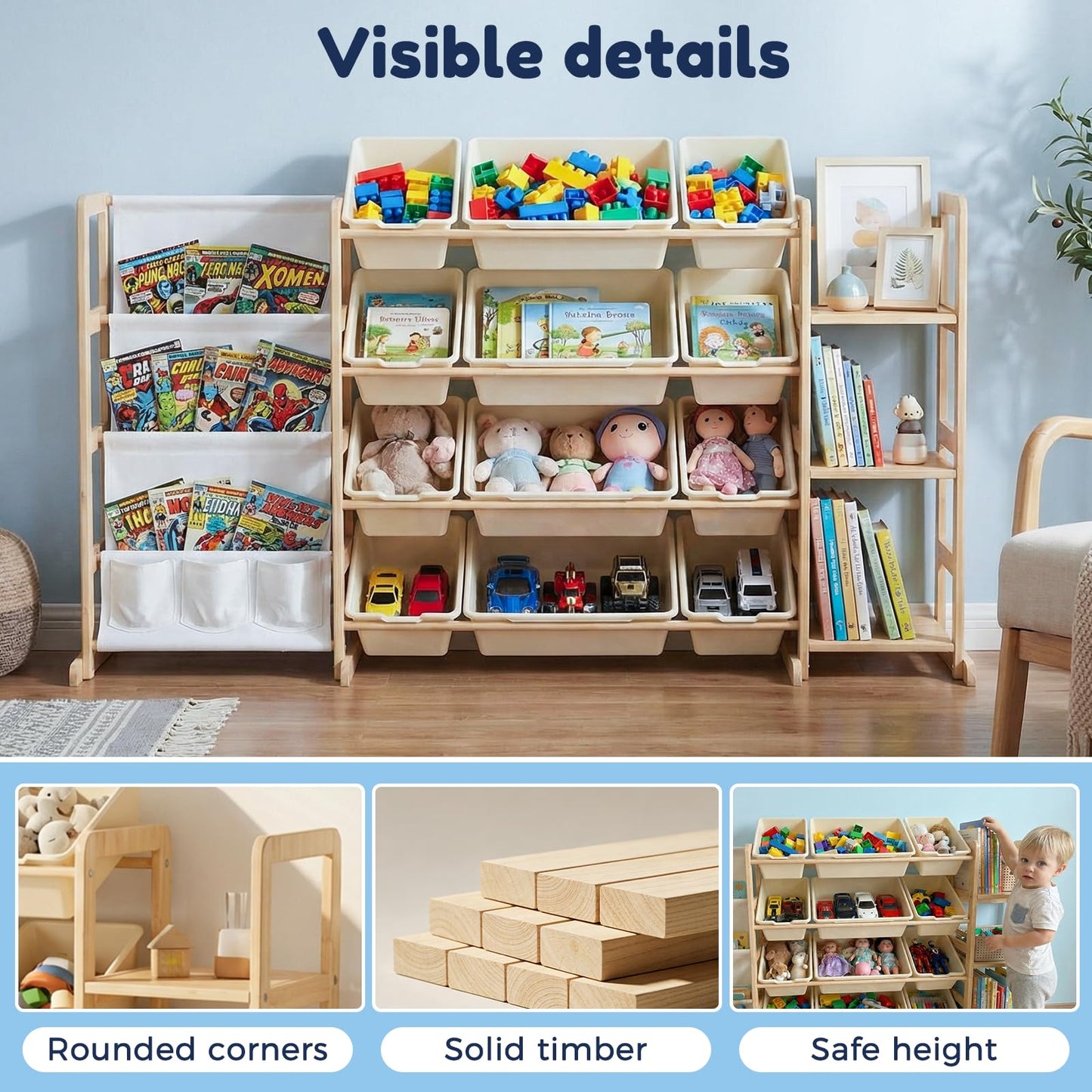 rhinowisdom Large Toy Storage Organizer with 12 Bins, 4-Tier Bookshelf & 3 Side Shelves, 59" Wide Kids Room Organization, Easy Assembly for Playroom, Bedroom, Nursery Room, White