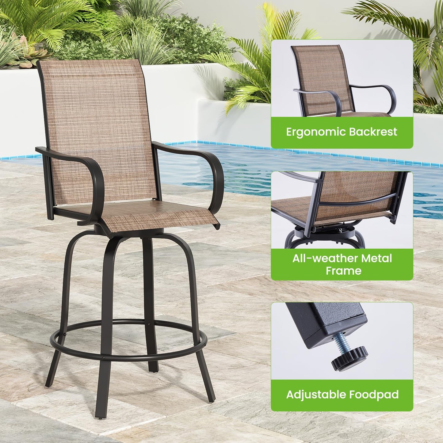 Soohow Outdoor Bar Stools Set of 4, Swivel Patio Barstools with Textilene Fabric, Height Top Patio Chair 360° Swivel, All Weather Use, Ergonomic Comfort Bar Height Tall Outdoor Stools for Balcony
