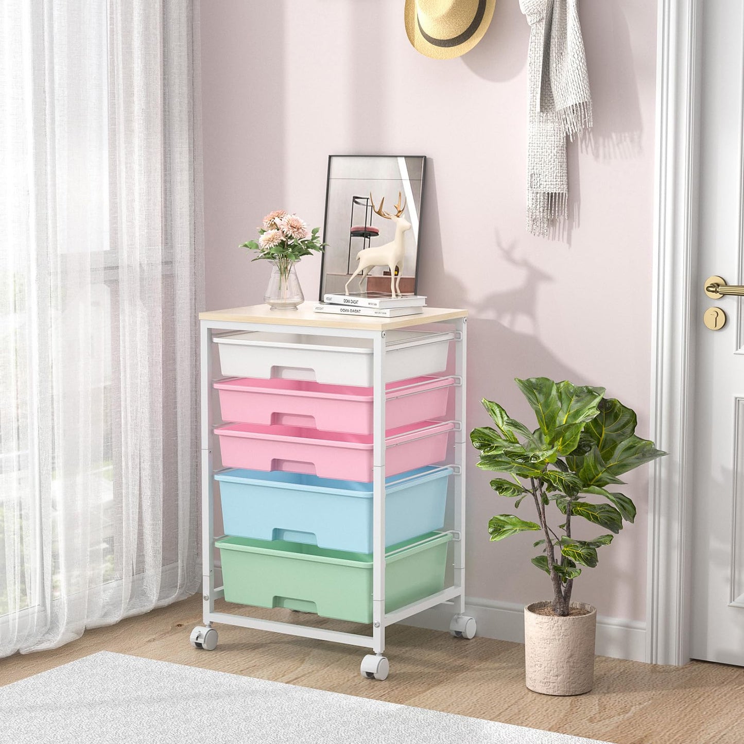 SYKIARIOL Utility Cart with 5 Drawers,Storage Drawer Cart with Wooden Tabletop and Lockable Wheels,Craft Storage Trolley Cart,5-Tier Rolling Utility Cart on Wheels,Rainbow