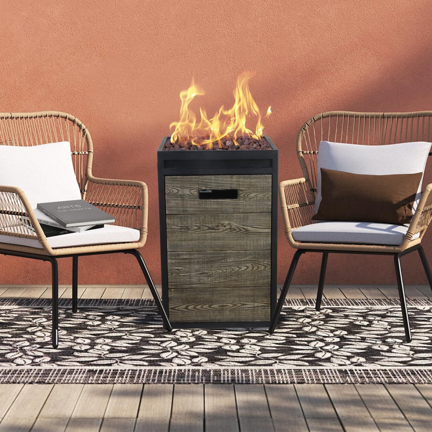 Afterglow Terrafab Grey Panels with Steel Frame 16" Square 40,000 Btu Propane Fire Column Outdoor Wood Effect Fire Pit for Outdoor Patio Garden Backyard Decking Decor CSA Certificated