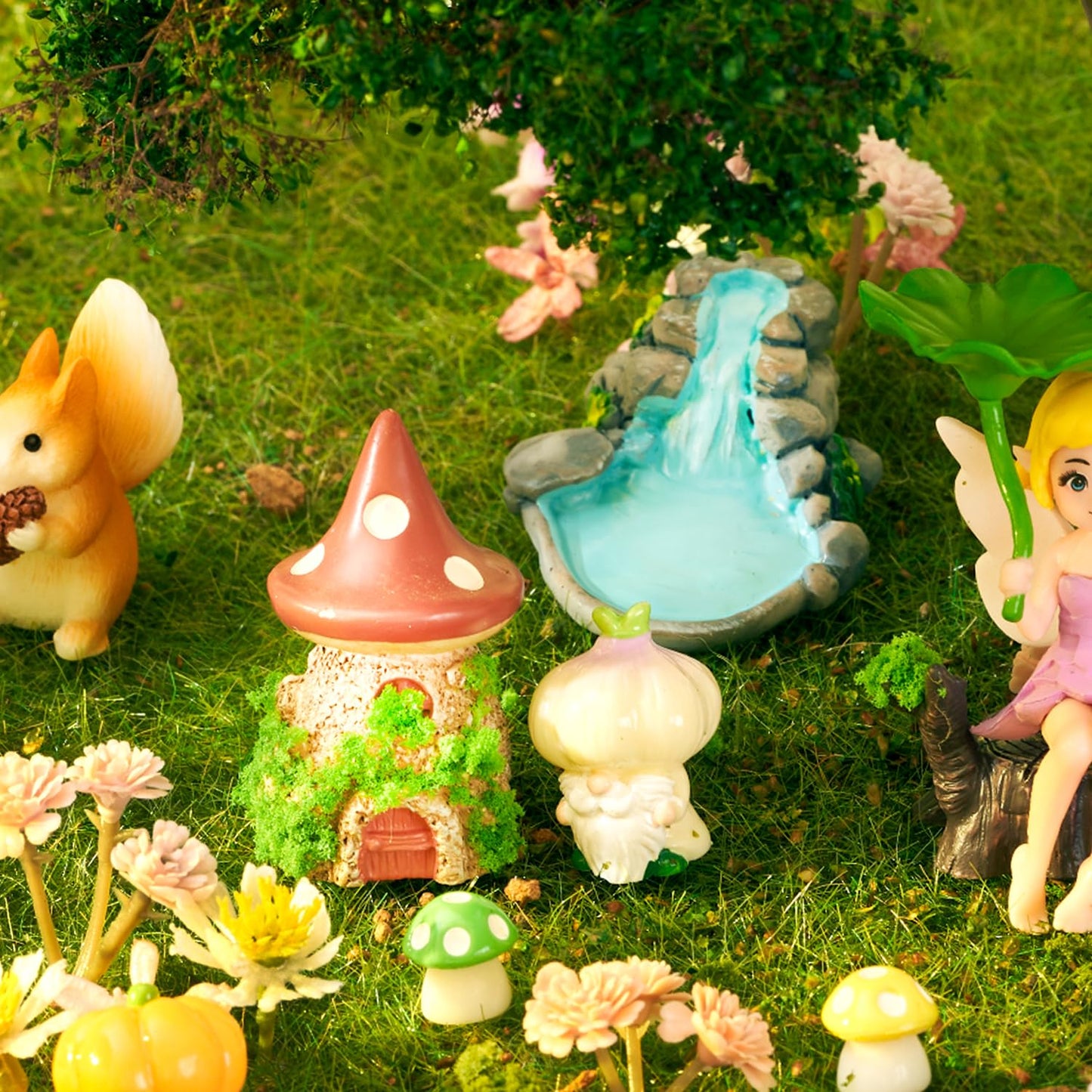 Nashibowu 24Pcs Mini Fairy Garden Accessories DIY Kit - Miniature Gnomes & Tiny Fairies House Set, Resin Animals, Bridge, Mini Pond & Mushrooms Figurines for Terrarium Micro-Landscaping