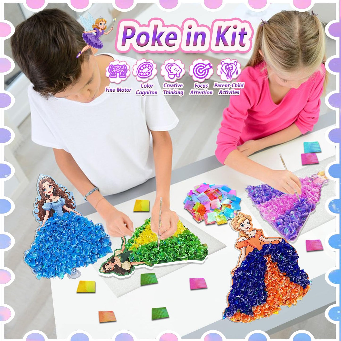 JRD&BS WINL Poke in Art Kit for Kids Toys Age 3-12 Year Old 3D Creative Princesses for Girls Birthday Gifts for 3 4 5 6 7 8 9Year Old Boy DIY Craft Art Kit for Teens Beginner Kids(Princesses)