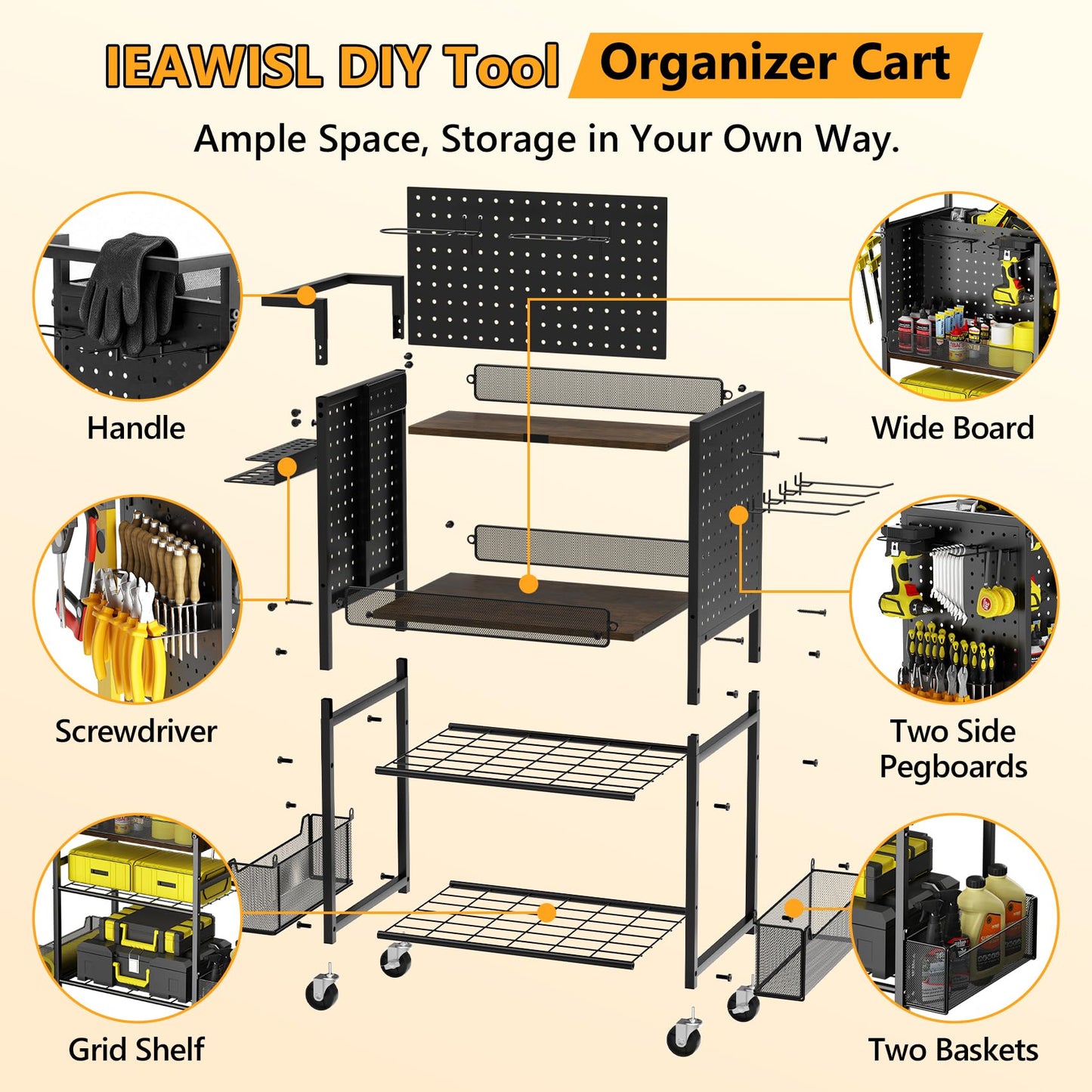 Tool Cart on Wheels, 4-Tier Metal Rolling Utility Cart with Pegboard & Storage Baskets, 242.5 lbs Heavy Duty Tool Storage Organizer for Garage, Workshop and DIY Projects