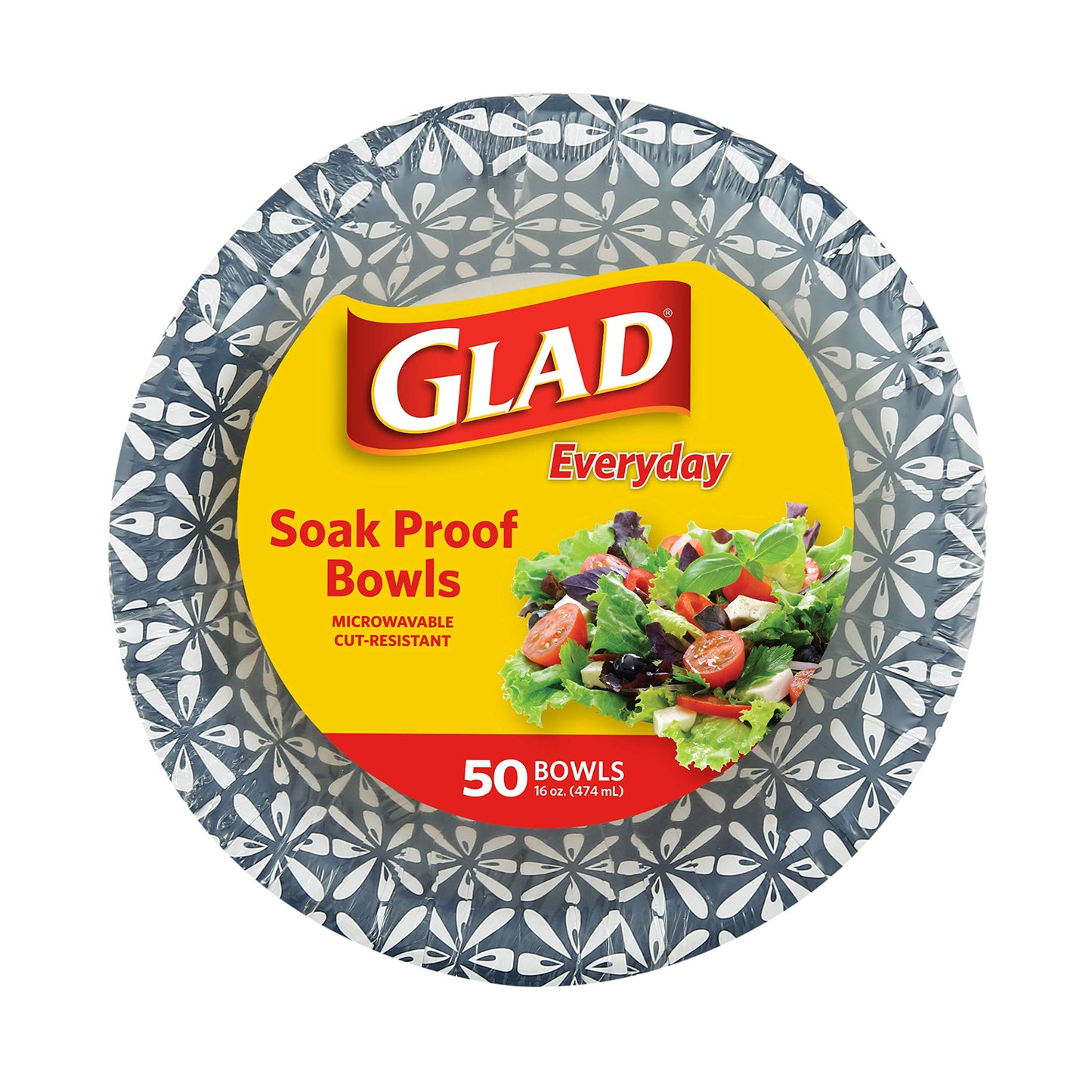 Glad Round Disposable Paper Bowls, Blue Mosaic Design - Heavy Duty, Soak-Proof, Cut-Resistant, Microwavable Paper Bowls for All Foods, Daily Use, and Special Occasions, 16 oz, 50 Count