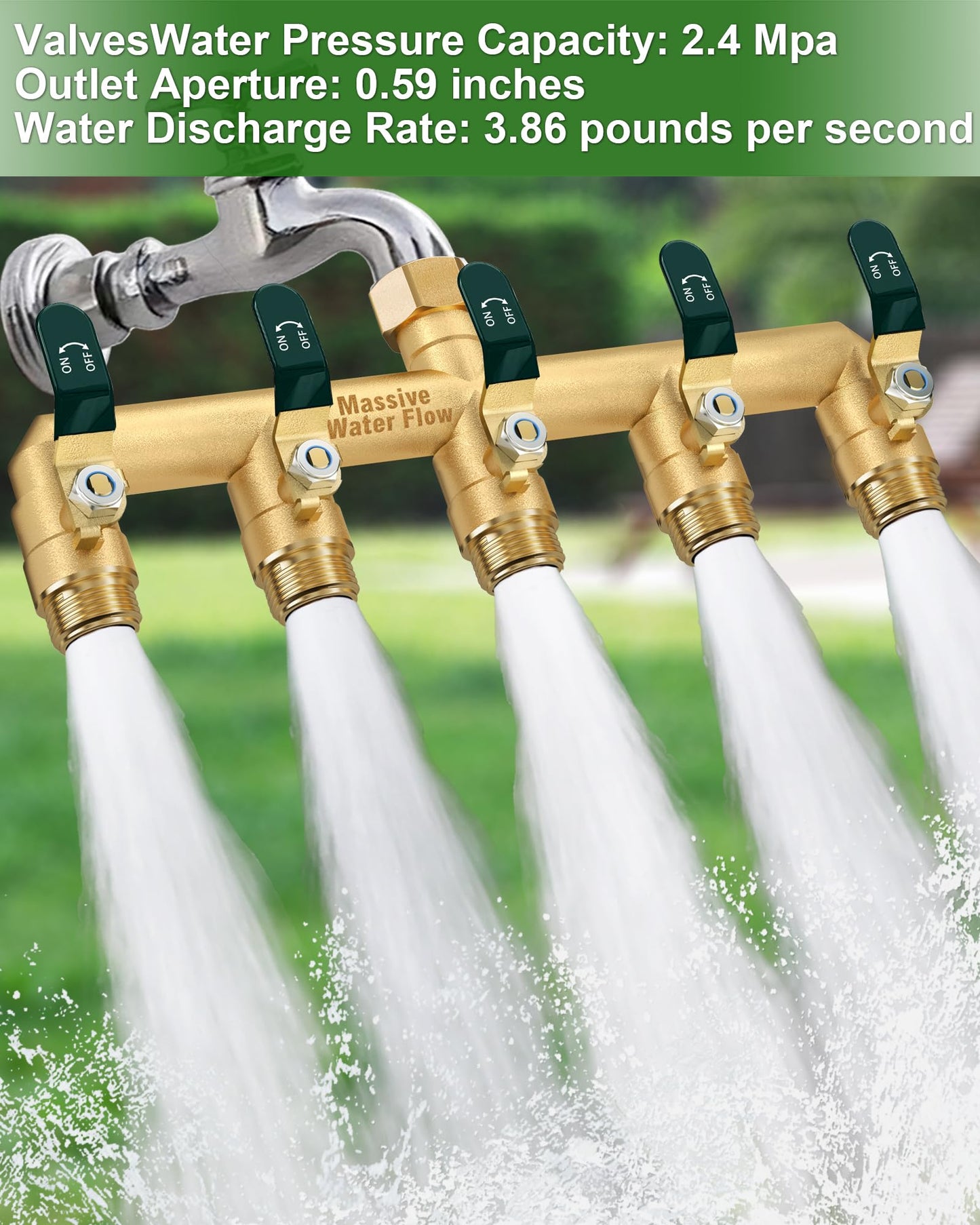 5 Way Hose Splitter, Heavy Duty Full Flow Garden Hose Splitter with 5 Large Metal Handles, Brass Water Hose Bib Splitter, T Adapter Connector with 3/4 - Inch GHT Thread (Green)