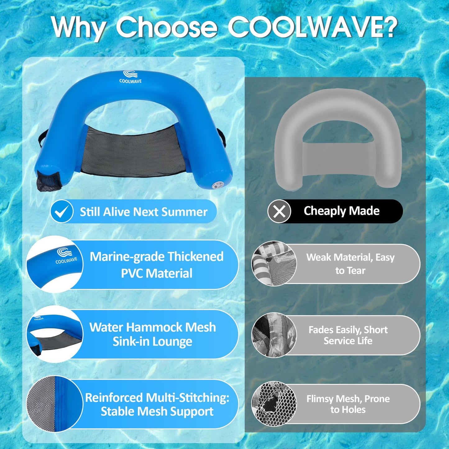 COOLWAVE Inflatable XL Floating Pool Chair, Heavy Duty PVC Floating Lounge Chair, 39" x 38" Connectable Pool Floats Adult with Built-in Cup Holders for Ocean, Lake and Pool, Multiple Color Options
