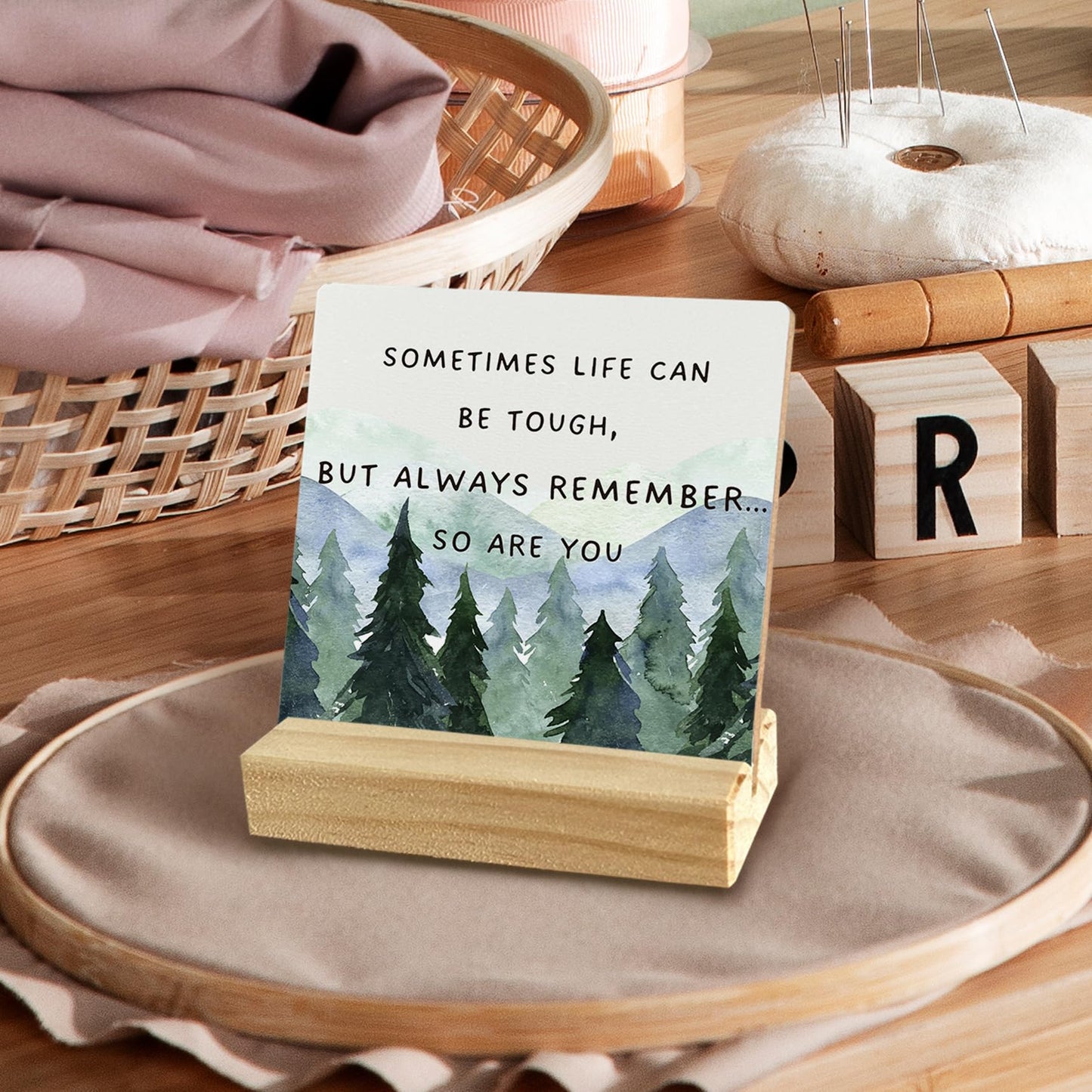 QASHWEY Inspirational Desk Decor, Motivational Desk Decor Forest Tree Wood Table Signs, Inspirational Gifts for Men Women, Sometimes Life Can be Tough Wooden Plaque with Wooden Stand for Home Office