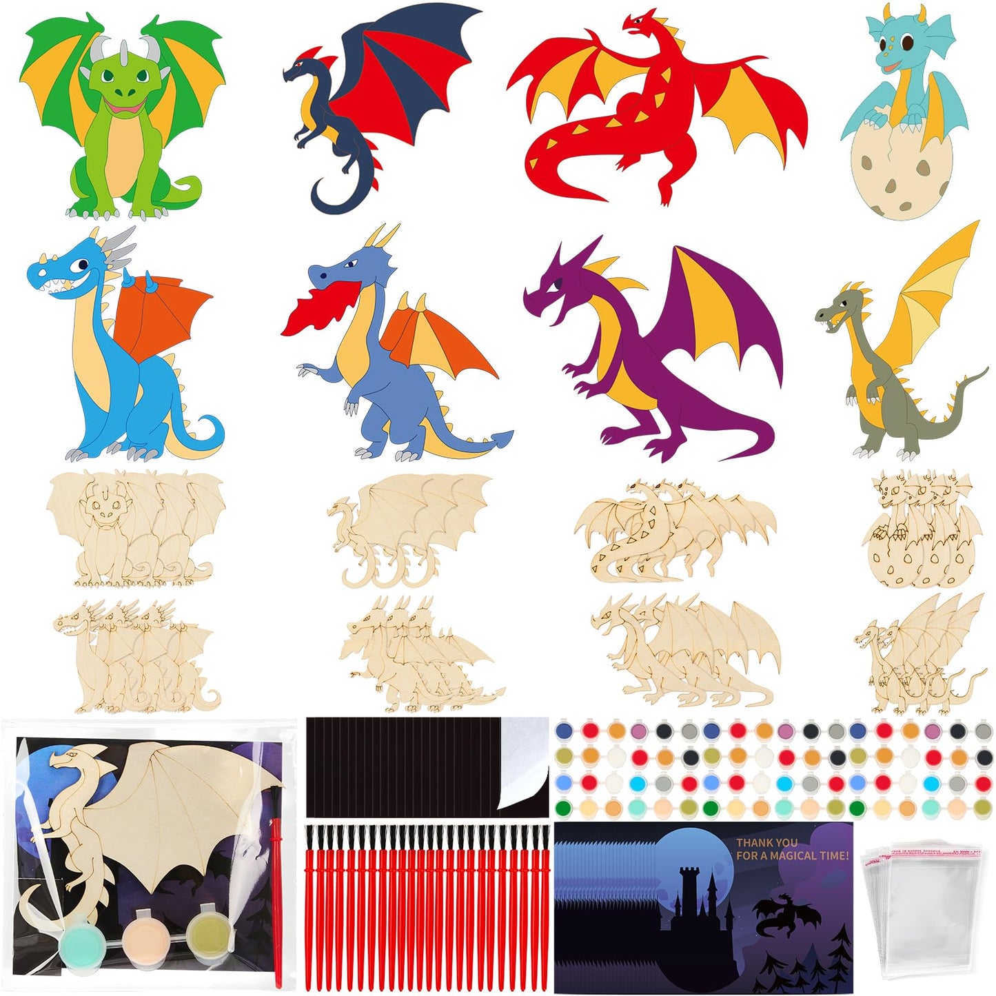 Dragon Party Favor Craft Kits - 24 Set Paint Your Own Wooden Dragon Magnet Painting Set with Thank You Cards, Birthday Decorations for Fantasy Parties, Goodie Bag Stuffers & Classroom Activities