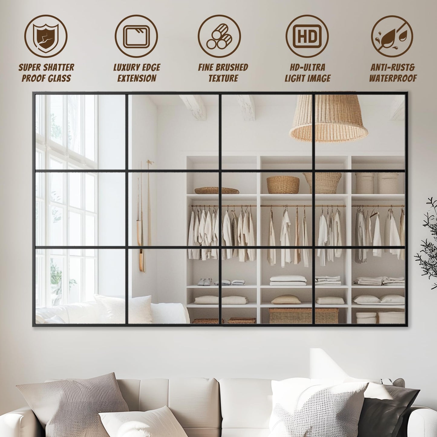 Antok Wall Mirror, 48" x 30" Window Pane Decorative Mirror, Metal Framed Wall Mounted Mirror, Hanging or Leaning for Living Room, Bedroom, Dining Room, Entryway, Black