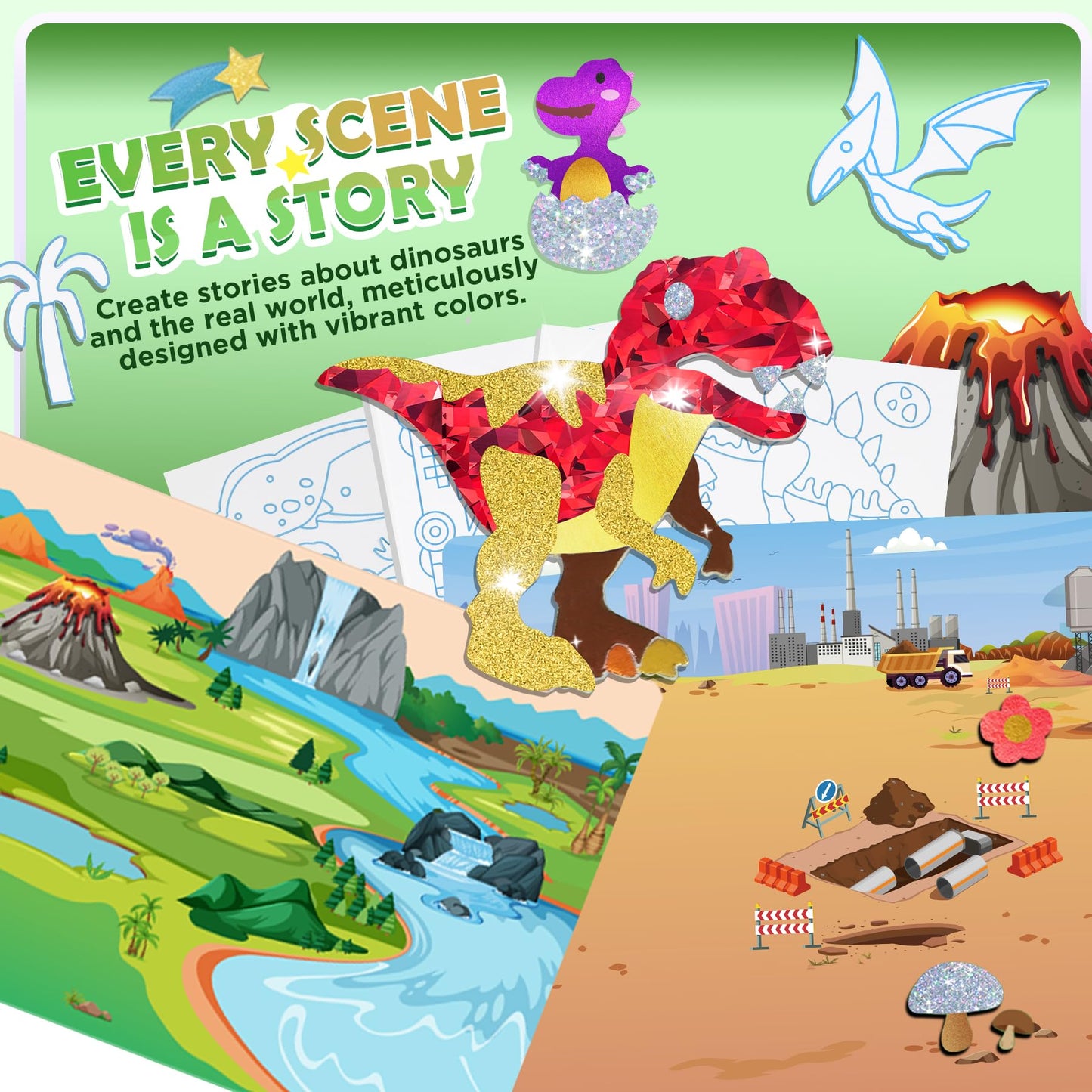 Fun Foil Art Craft Kits, 2 In 1 DIY Dinosaur & Space Creative Sticker Coloring Activity, Travel Toys, Arts and Crafts for Kids 4-6, No Mess Art Craft Supplies, 4 5 6 7 8 9 10 Year Old Boy Girl Gifts