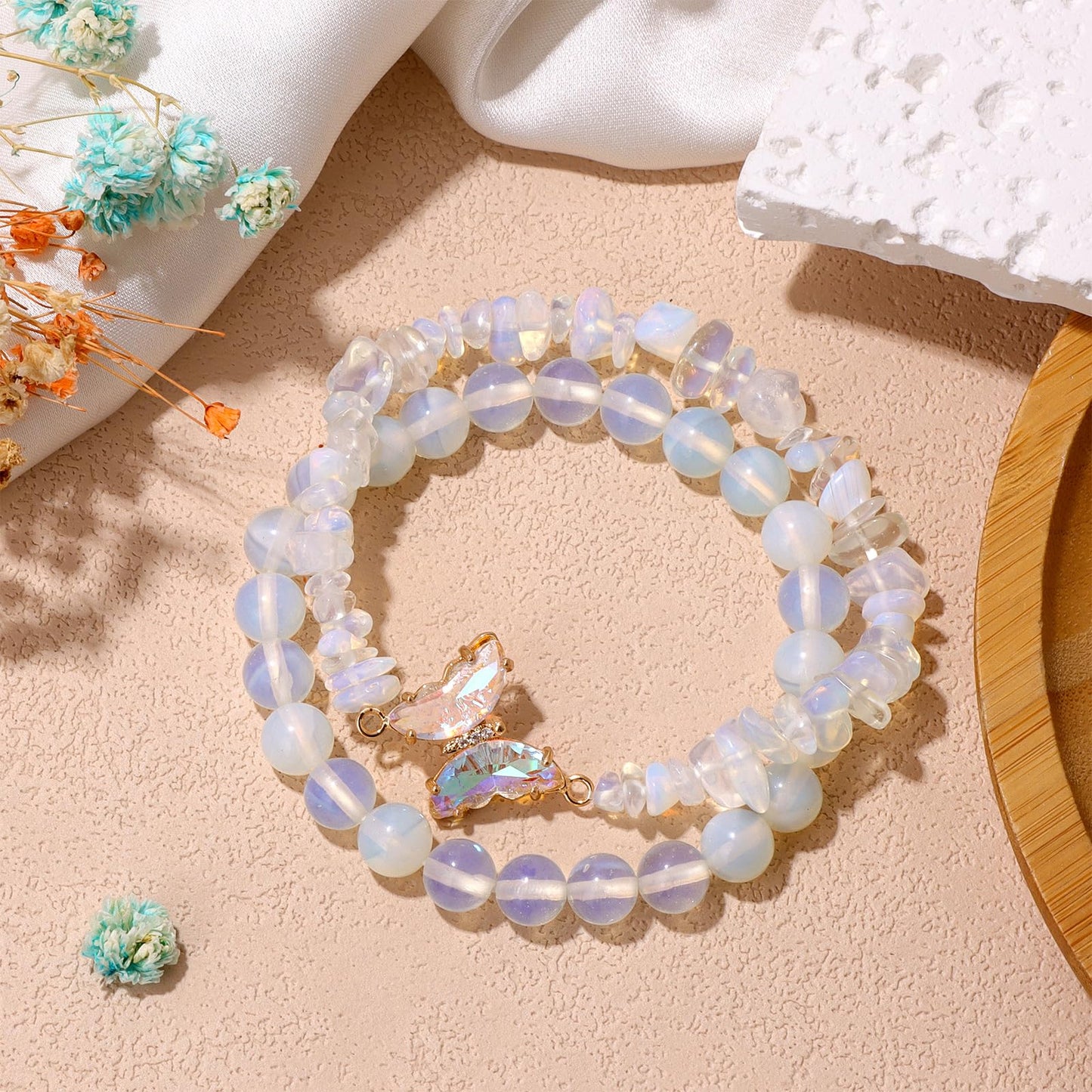 GolbalJew Opal Stone Bracelet for Women Healing Crystal Stone Bracelets Gemstone Beads Stretch Bracelet Butterfly Charms Jewelry Women Gift