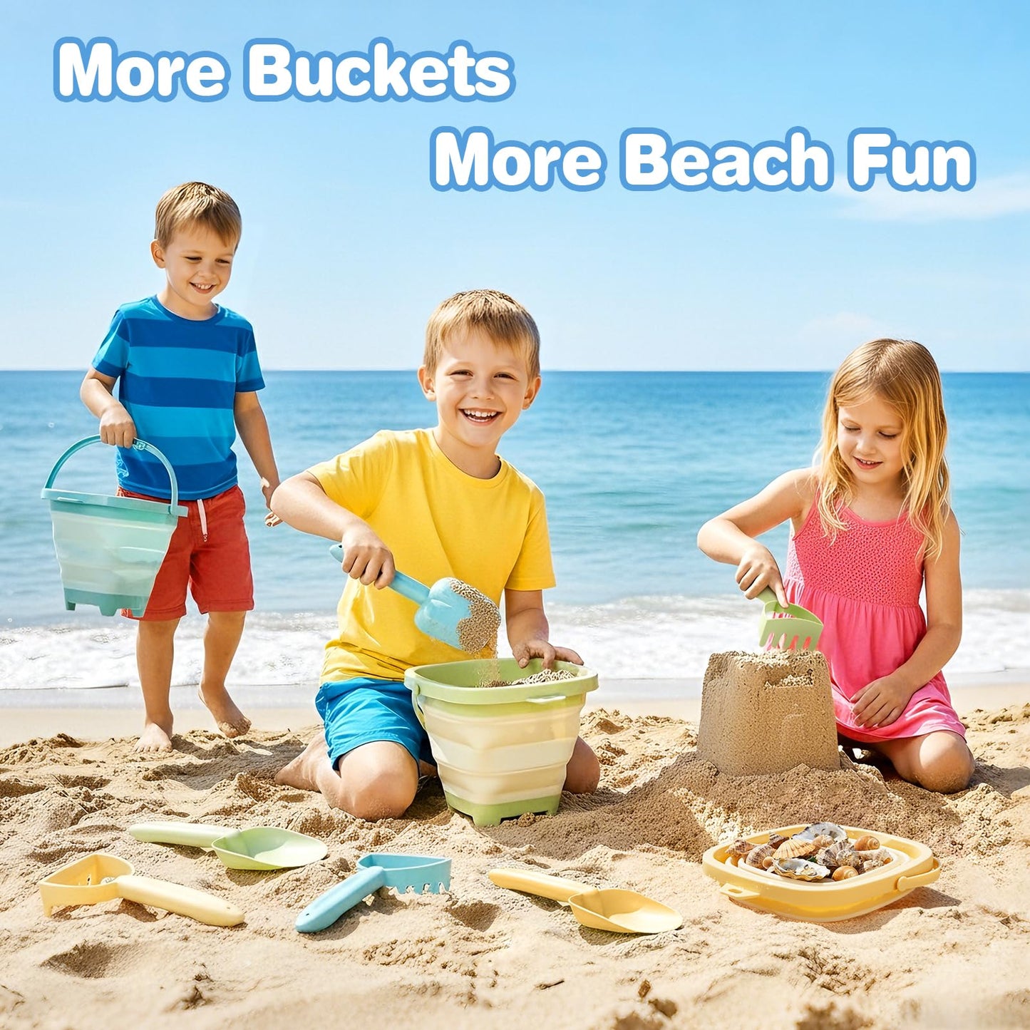 Dreamon Beach Toys, 3 Pack Collapsible Sand Buckets for Kids, Shovels & Rakes Set with Mesh Bag, Kids Beach Essentials Sandcastle Building Kit for Beach Trip Outdoor Play and Summer Fun