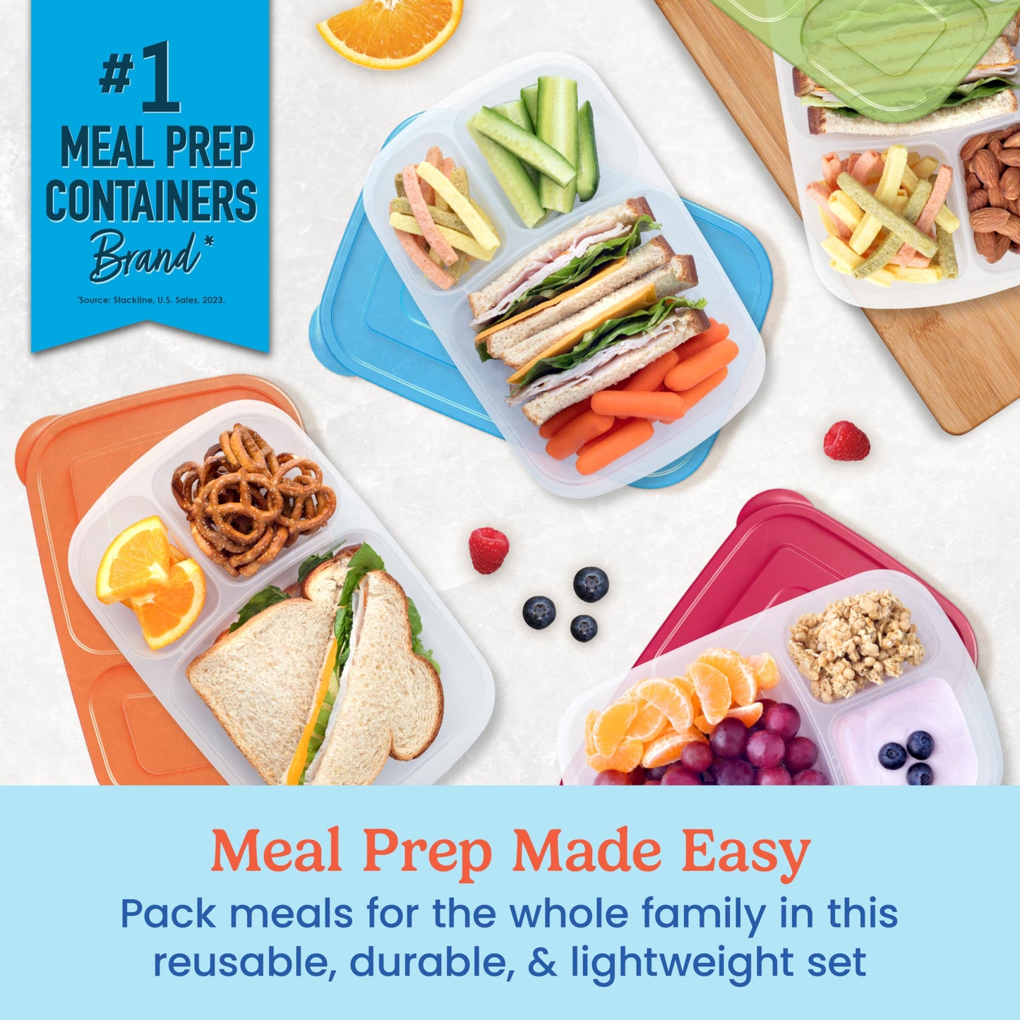 Bentgo Easyboxes - Original Stackable Lunch Boxes - Reusable 3-Compartment Food Containers for Kids and Adults - Bento Lunch Box for Meal Prep, School, & Work - BPA Free, Set of 4 (Classic)