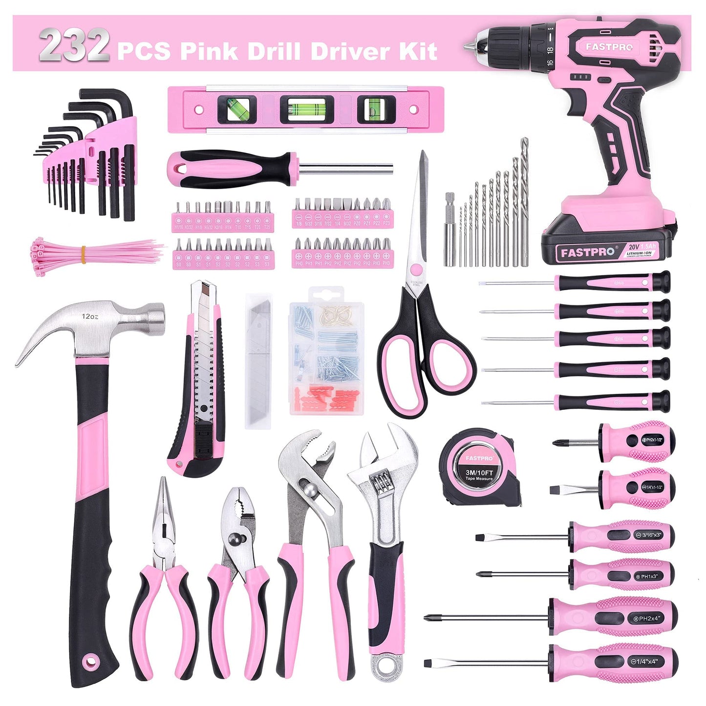 FASTPRO 232-Piece Pink Tool Set with Drill, 20V Cordless Drill Driver and Home Tool Set, Pink Drill Set for Women, Lady's Repairing Kit with 12-Inch Storage Bag, Pink
