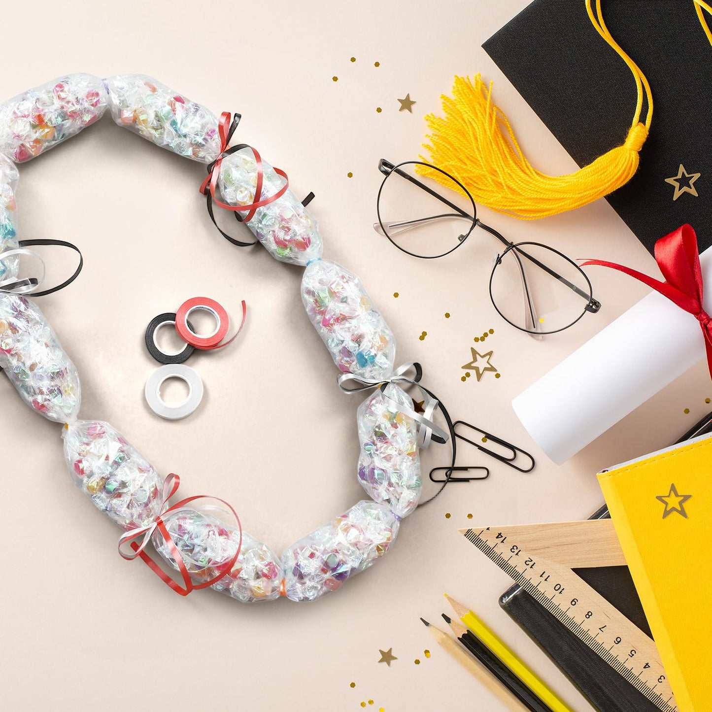 Graduation Candy Lei Making Kit Class of 2026 DIY Lei PE Bags Tubing Money Leis 2026 Graduation Ribbon Necklace Include 2 x 5 ft PE Bags 90 Pcs Flower Accessories for Grad Party Supplies (Black, Red)