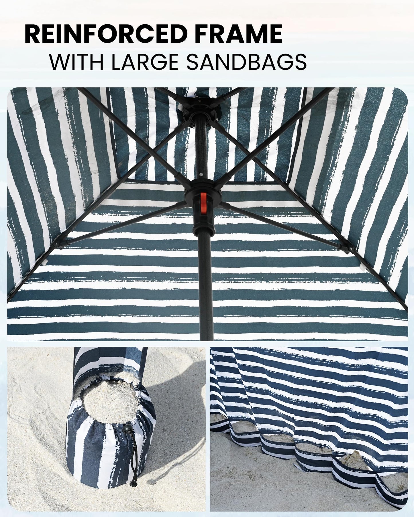 Qipi Beach Cabanas for Sand, Beach Canopy with Sandbags & Side Wall for Family, Easy Set Up Sun Shelter, UPF 50+ UV Protection with Roof Vent 6' x 6' A-Sailor Stripes