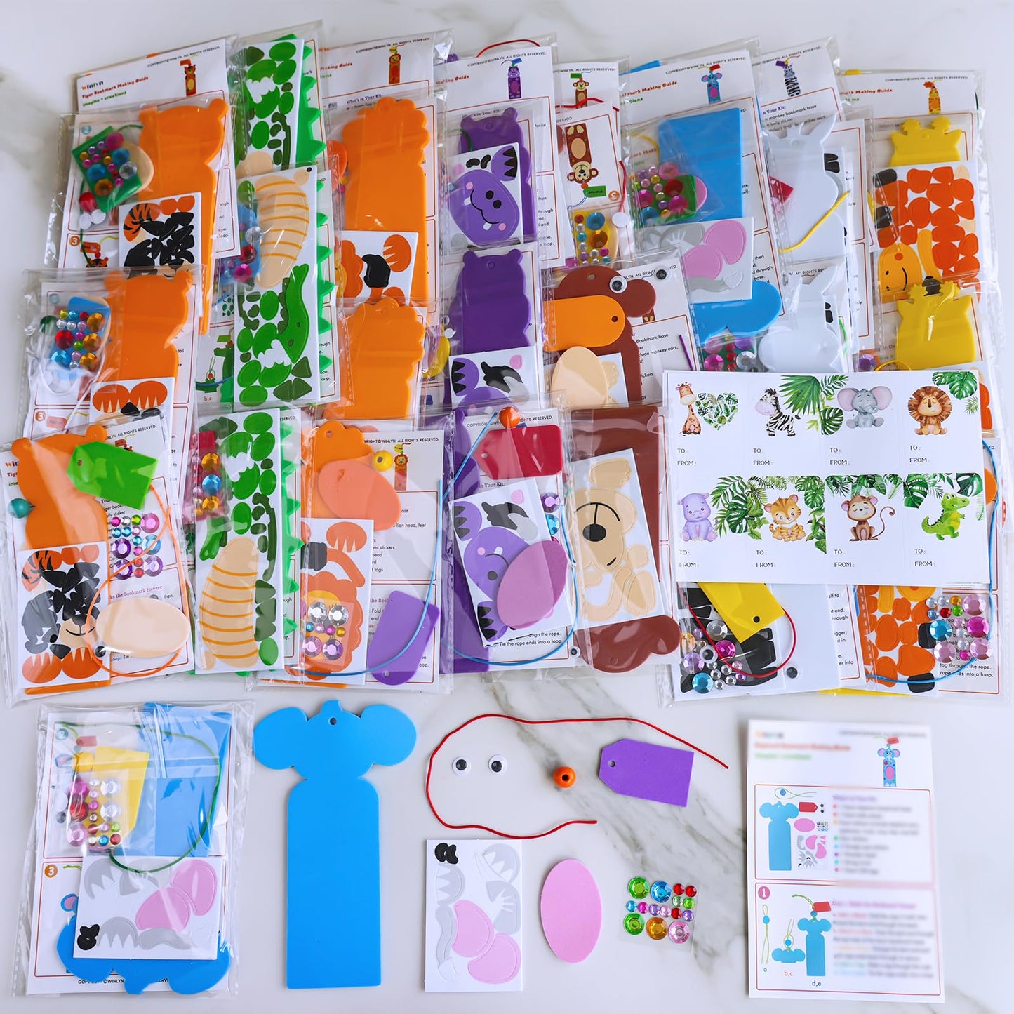Winlyn 32 Sets Jungle Animal Crafts Kits DIY Jungle Safari Zoo Wild Animal Bookmarks Decorations Art Set Tiger Lion Zebra Foam Stickers for Kids Party Favors Classroom Activities Reading Rewards