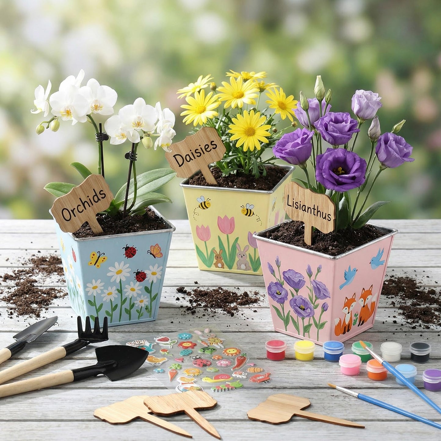 Ferrochef 6 Sets Garden Flower Pots Crafts Kit DIY Metal Iron Plant Pots Acrylic Paint Stickers Brushes Plant Labels Gardening Tool Kit for Planting Crafts Mother's Day Graduation Creative Gift