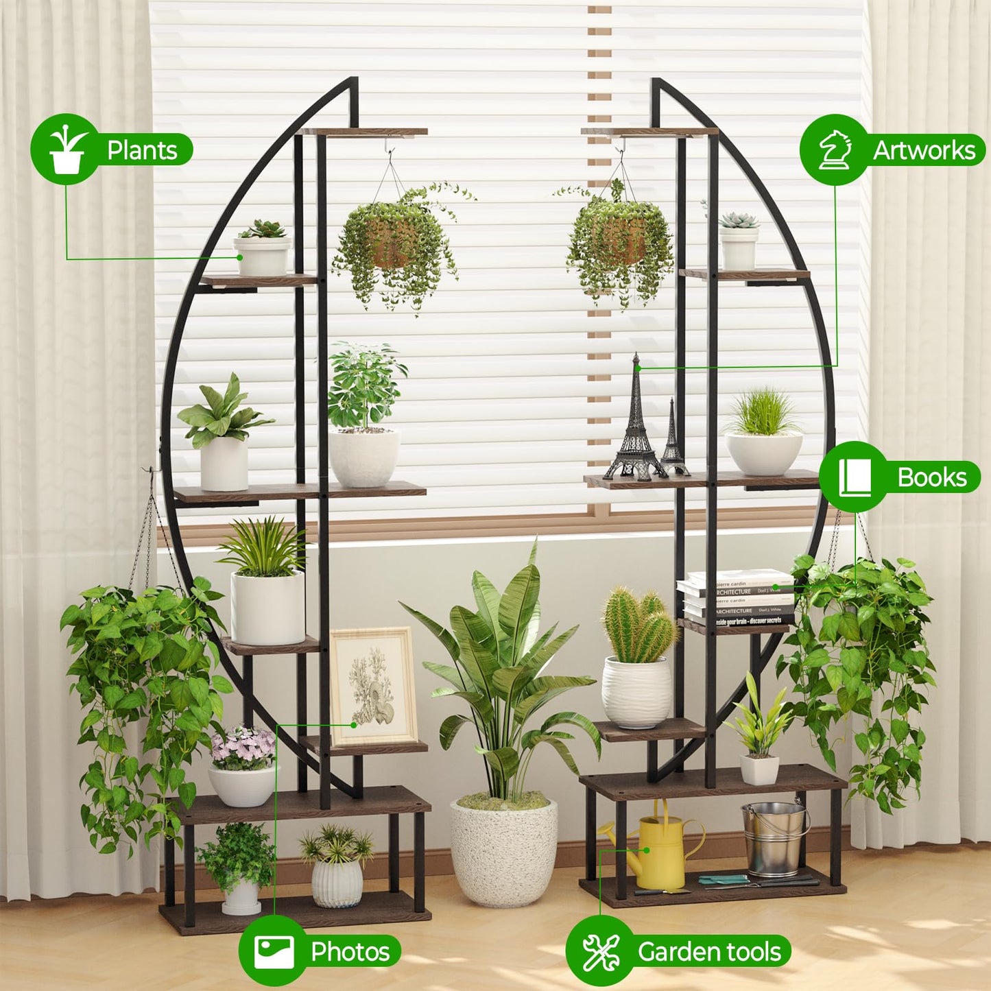 BLAZPATH Plant Stand Shelf Indoor with 6 Grow Light, 7 Tiered 65" Tall Black Large Half Moon Lighted Plant Rack Holder, 2 Pack Big High Circular Arch Multi Herb Stand with Built in LED Grow Light Set