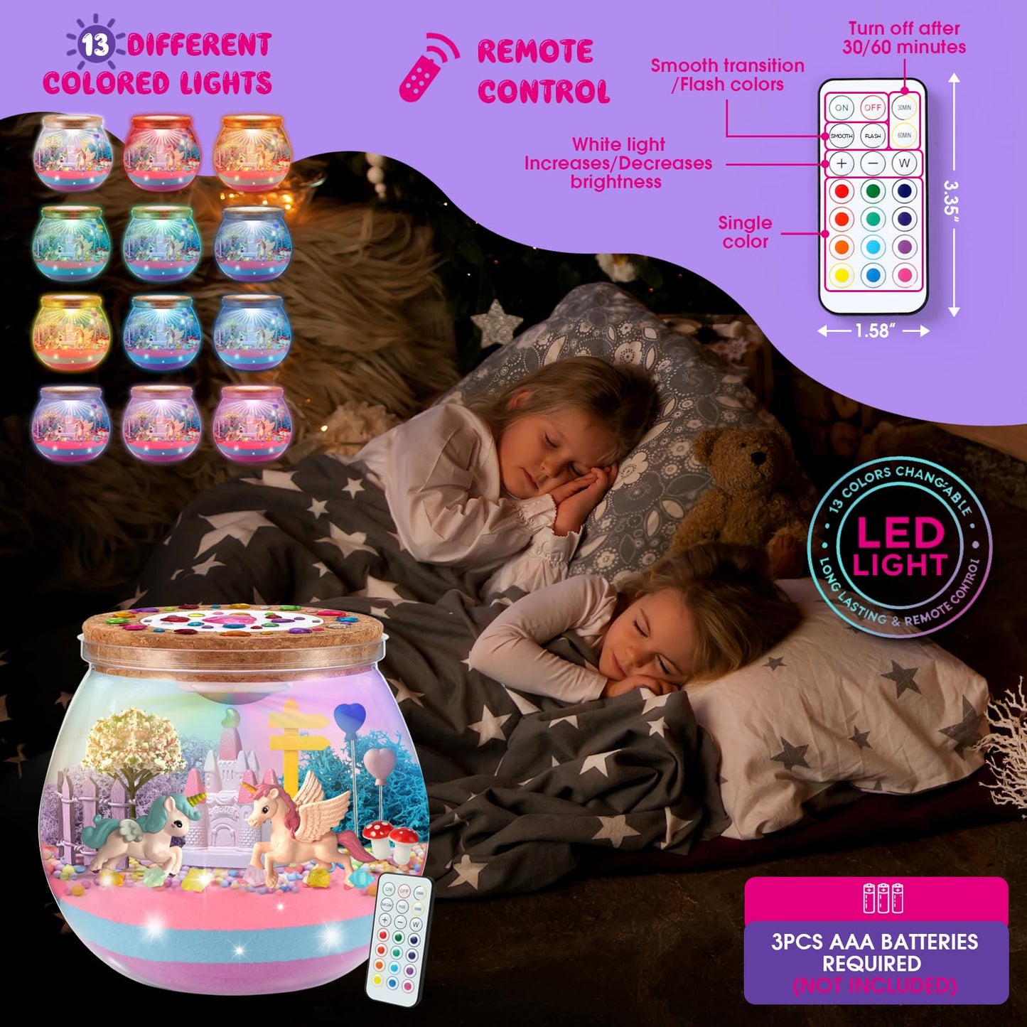 Unicorn Terrarium Crafts Kit for Kids: LED Night Light-Up DIY Toys with Remote – Fun Birthday Gifts for Girls Ages 5 6 7 8 9 10 Years Old – Creative Arts & Crafts Activity Set
