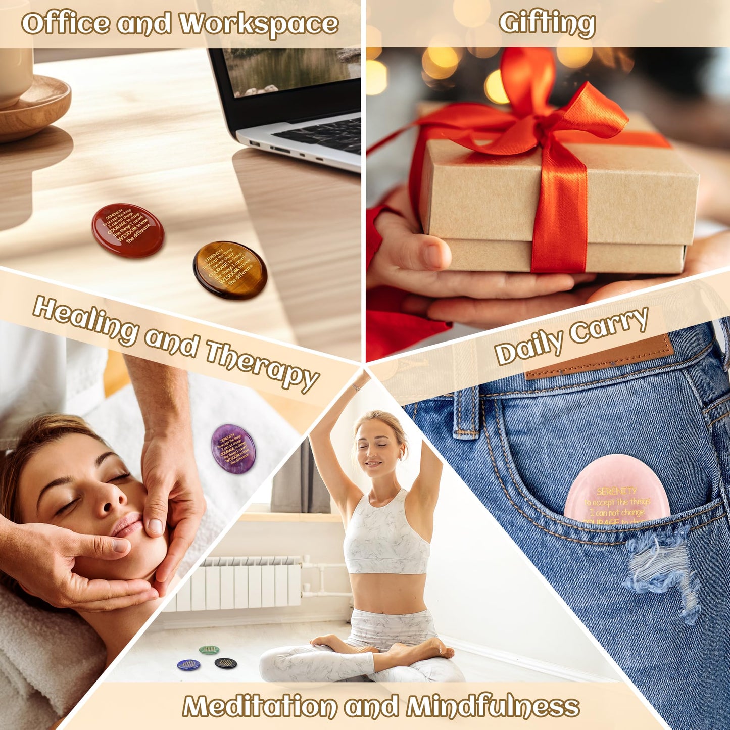 QINJIEJIE Serenity Prayer Opal Stone Healing Crystals Worry Stones for Anxiety Engraved Inspirational Stones Anxiety Relief Items Encouragement Gifts for Women Men Teacher