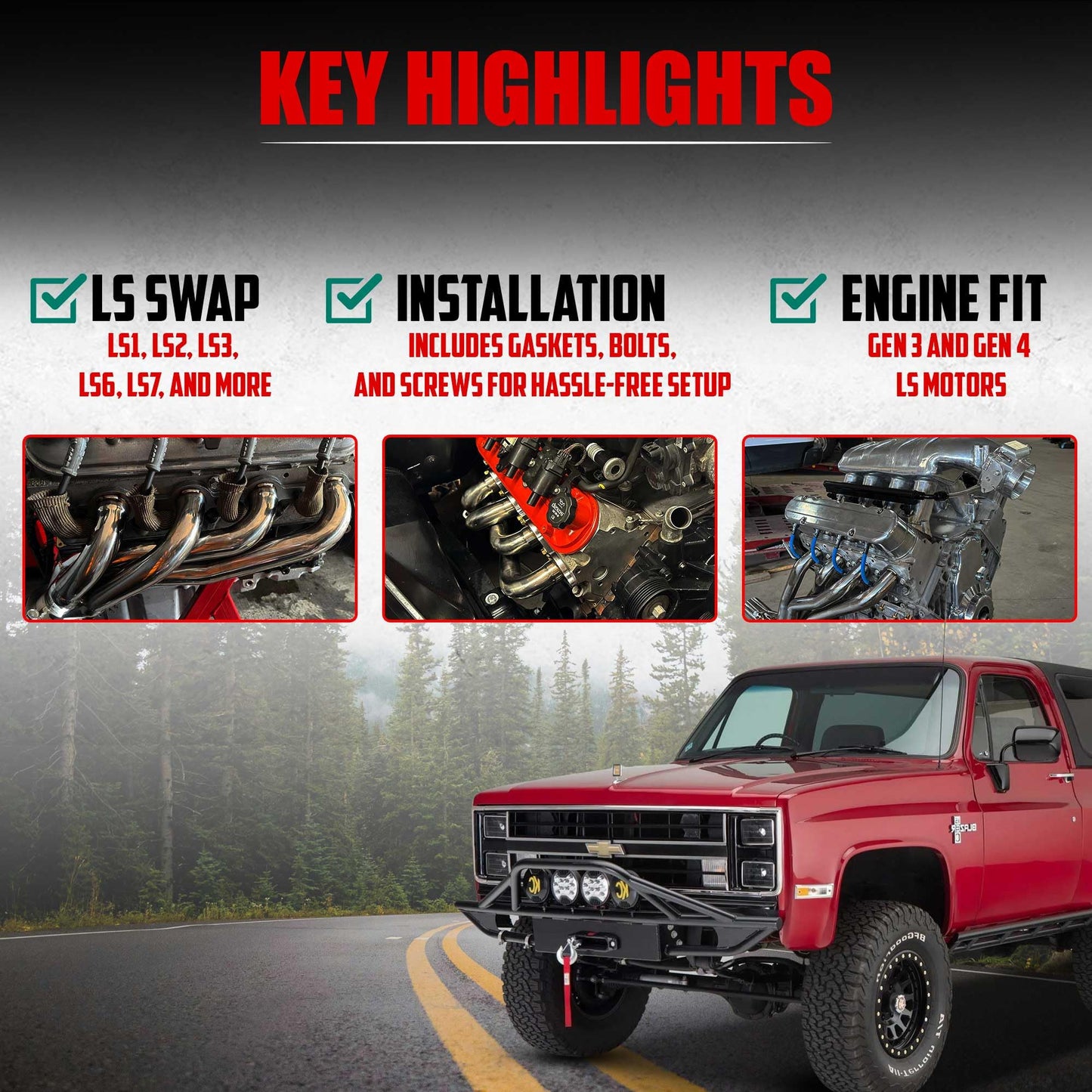 Shorty Headers for LS Swaps 304 Stainless Steel Exhaust Headers 2.5 Inch 3 Bolt Collectors Fits 4.8L 5.3L 5.7L 6.0L 6.2L LS1 LS2 LS3 LS6 V8 S10 C10 K10 Truck Includes Header and Collector Gaskets