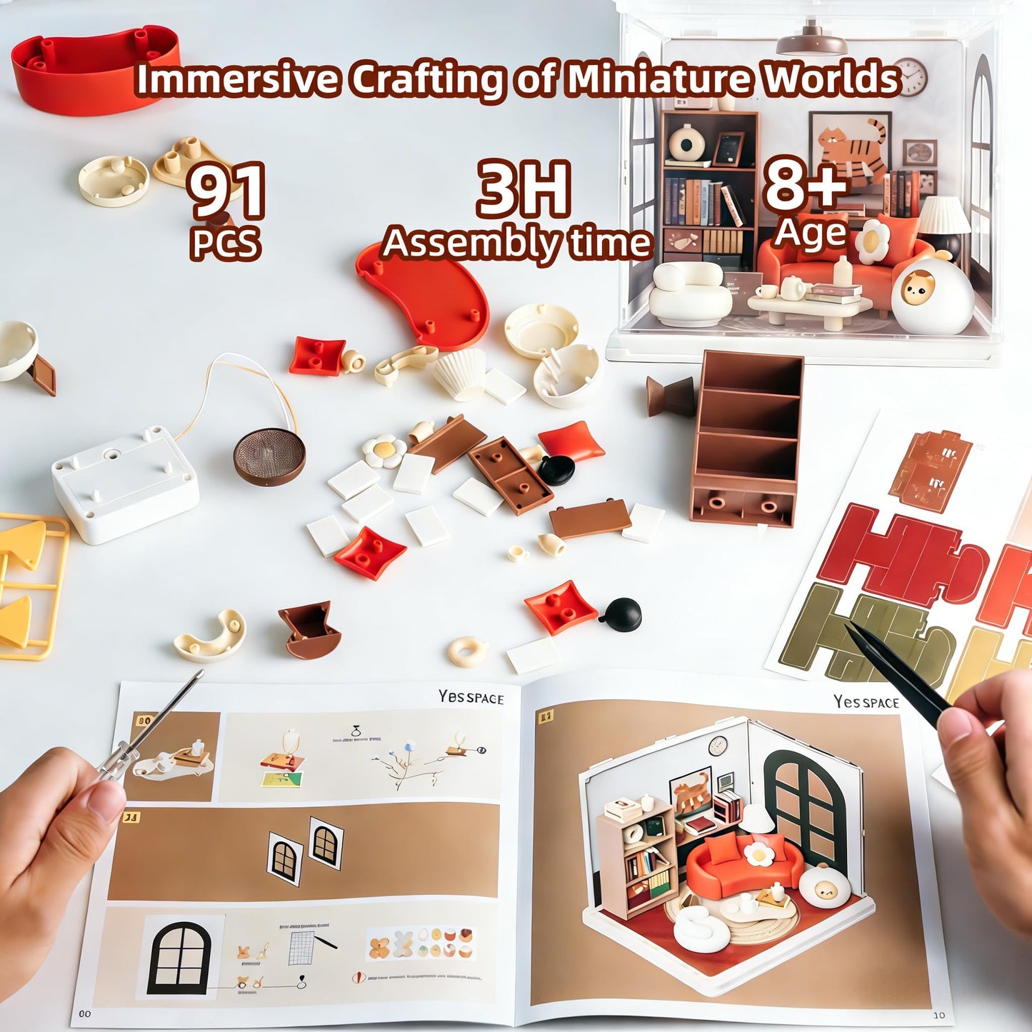 Lydaz DIY Miniature House Kit, Mini House Building Kit for Adults, Tiny House Kit with Furniture, Miniature Dollhouse Kits with Dust Cover, Craft LED Decor Birthday Gifts for Family, Friends(Cat Room)