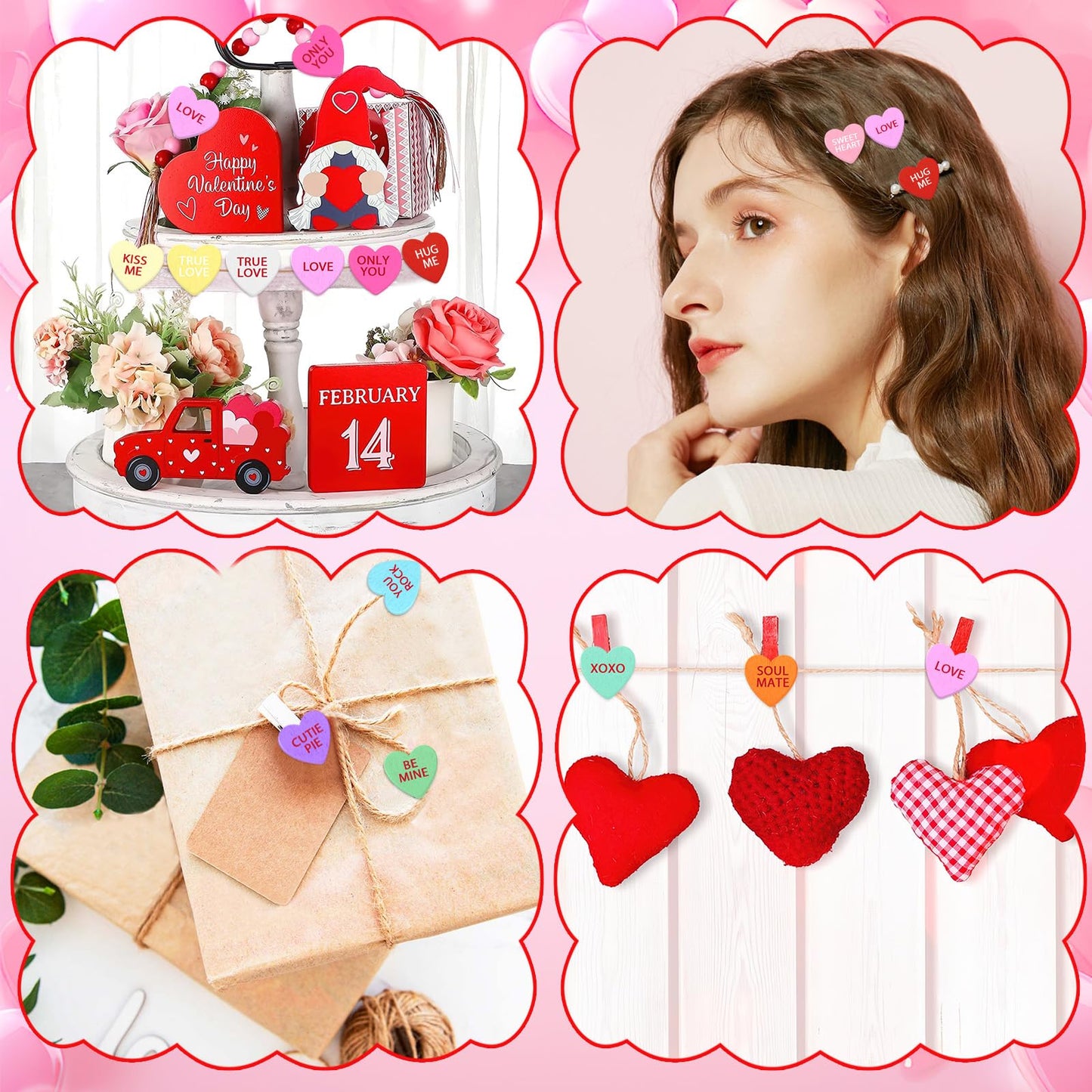 UPINS 300Pcs Conversation Heart Beads,Valentine's Day Wooden Heart Beads for Bracelets Garland Ornaments Craft Necklace Jewelry Making DIY Party Decor