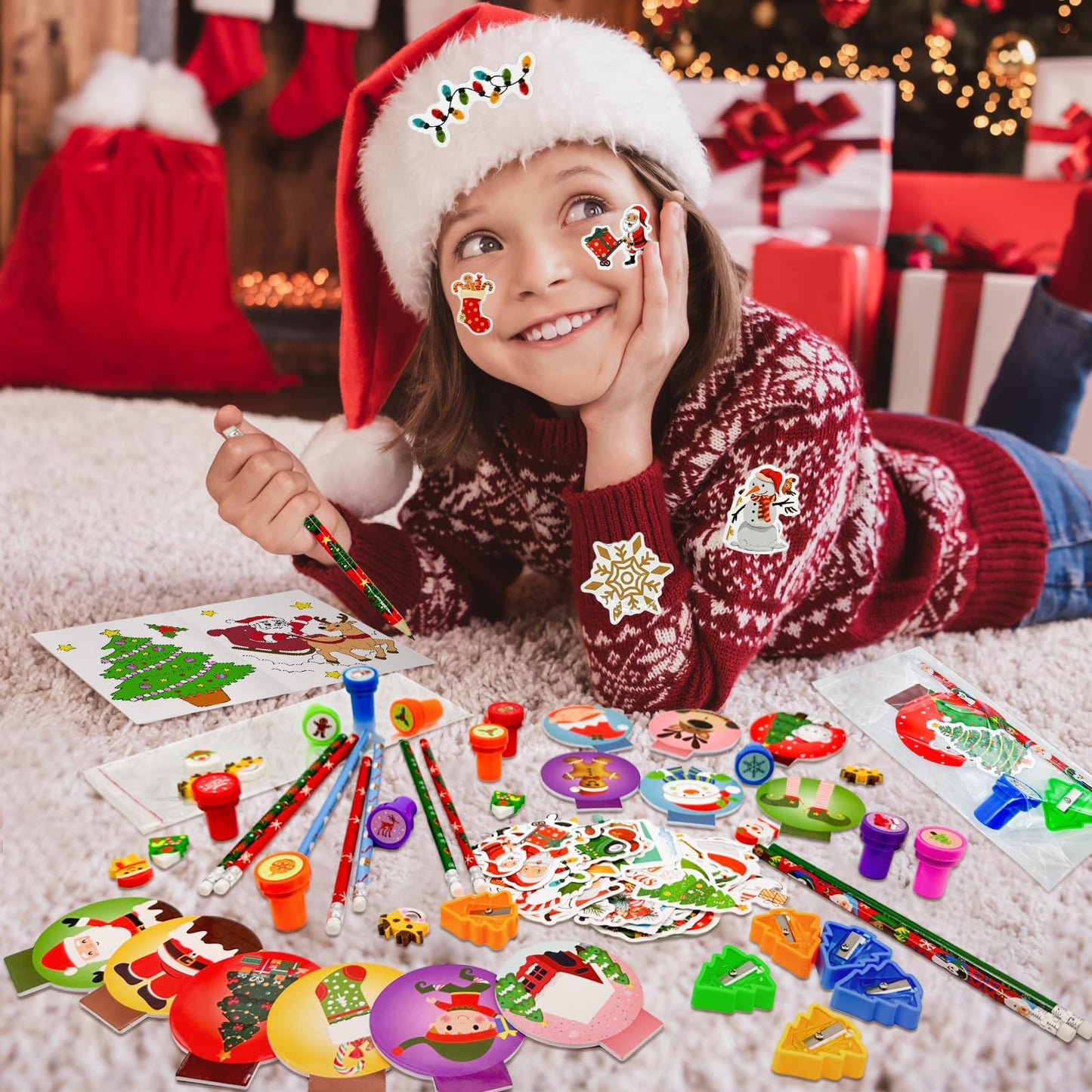 194 Pcs Christmas School Stationery Set Xmas Classrooms Exchange Stationery Party Favors Class Reward Prizes Notebooks Pencils Sharpener Erasers Stickers Stamps for Party Supplies (Snowball)