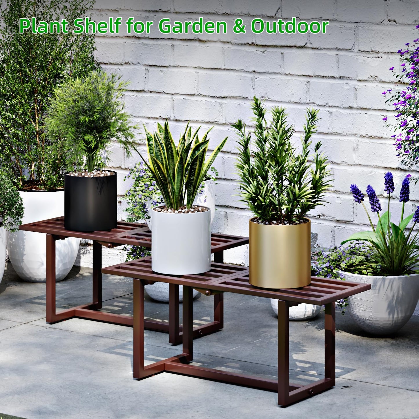 Rioneta Plant Stand Indoor Outdoor, Foldable Metal Plant Shelf for Multiple Pots, Mid Century Slatted Bench for Patio Garden, Heavy Duty Capacity 330 lbs 2 Pack Coffee
