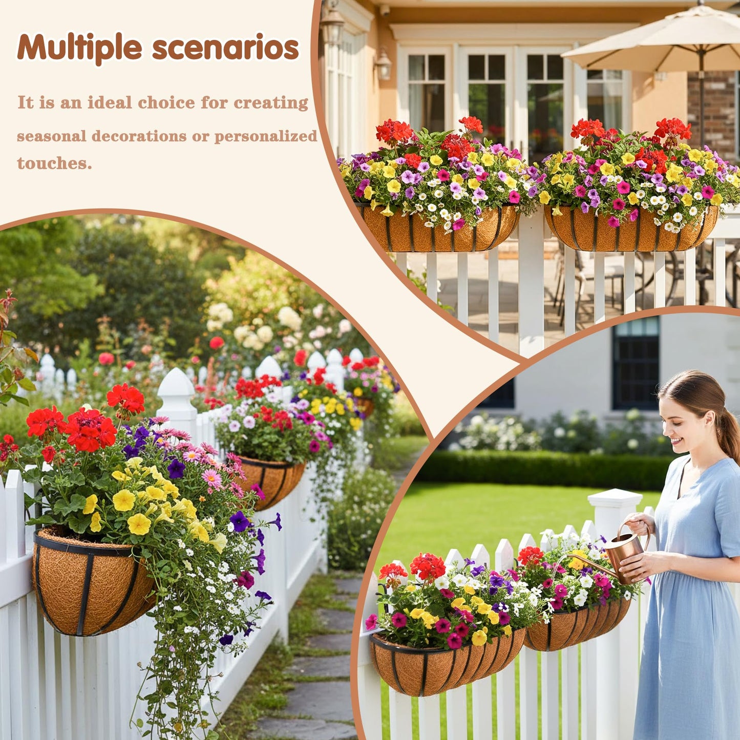 JFFLYIT 2 Pcs 36“ Railing Planter Window Box Deck Railing Planter Boxes with Coco Liner English Horse Trough Planters Metal Wall-Mounted Planters Basket for Outdoor Balcony Porch Fence Patio Rail