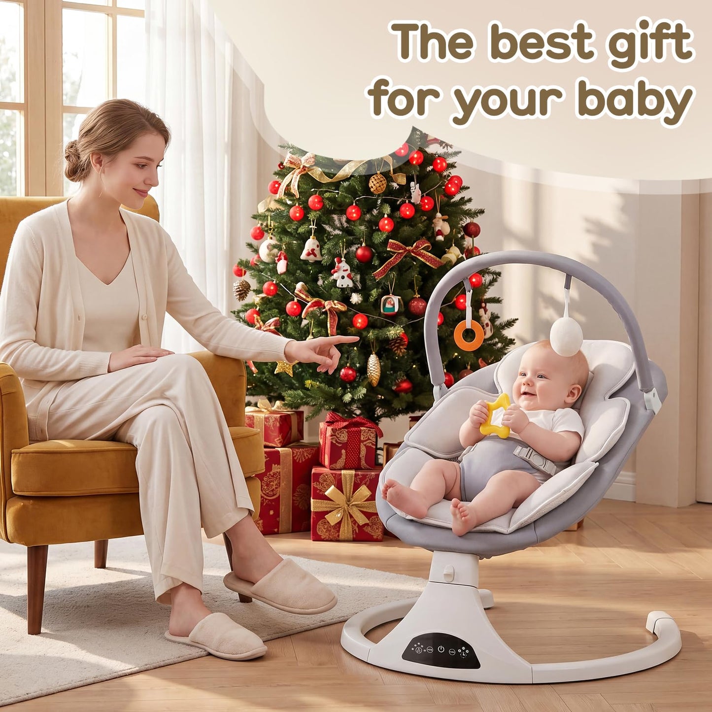 Electric Baby Swing with Remote Control - 5 Natural Motion Speeds, Detachable Seat Pad | Portable Infant Swing for Indoor/Outdoor Use (0-6M, 20lbs) (Gray)