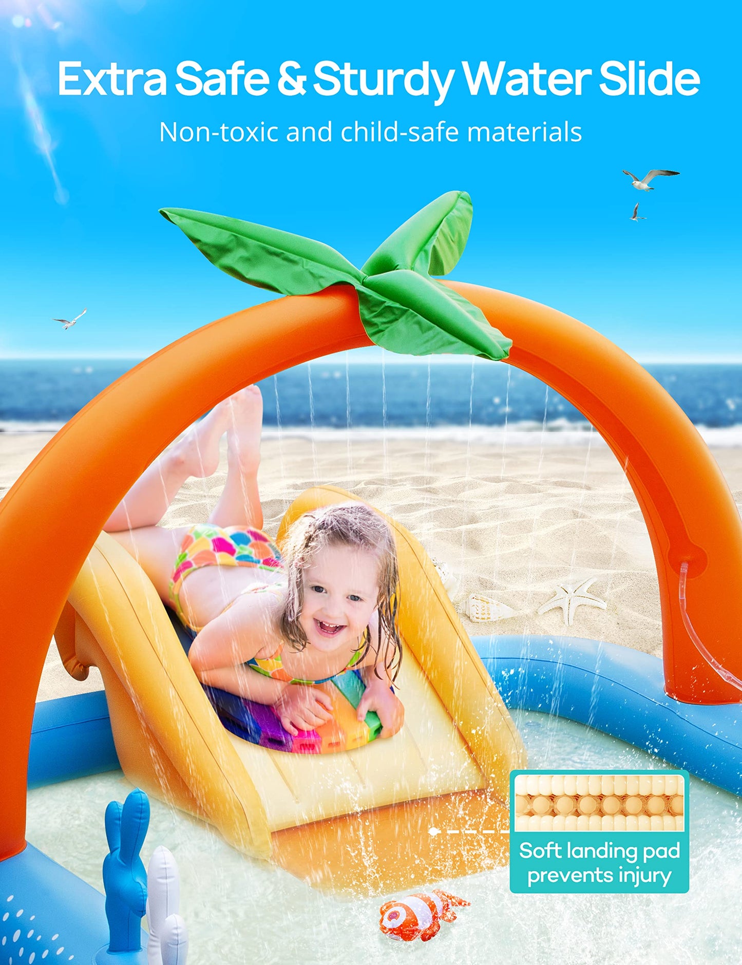 Kiddie Pool with Slide Inflatable Play Center Wading Lounge Kids Pool, Coconut Palm Sprinkler, Water Game Play Center, 95''x75''x40''