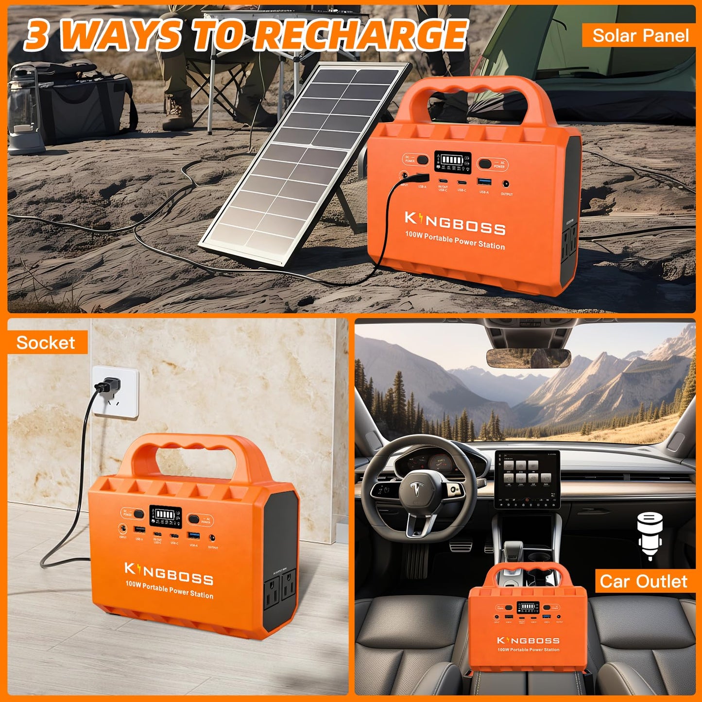 KINGBOSS 100W Portable Power Station, 96Wh LiFePO4 Battery Small Generator Ultra-Light, 65W Fast Charging 3000+ Cycles Solar Power Bank AC/DC/USB-C/A Outputs for Camping Home Backup Outdoor